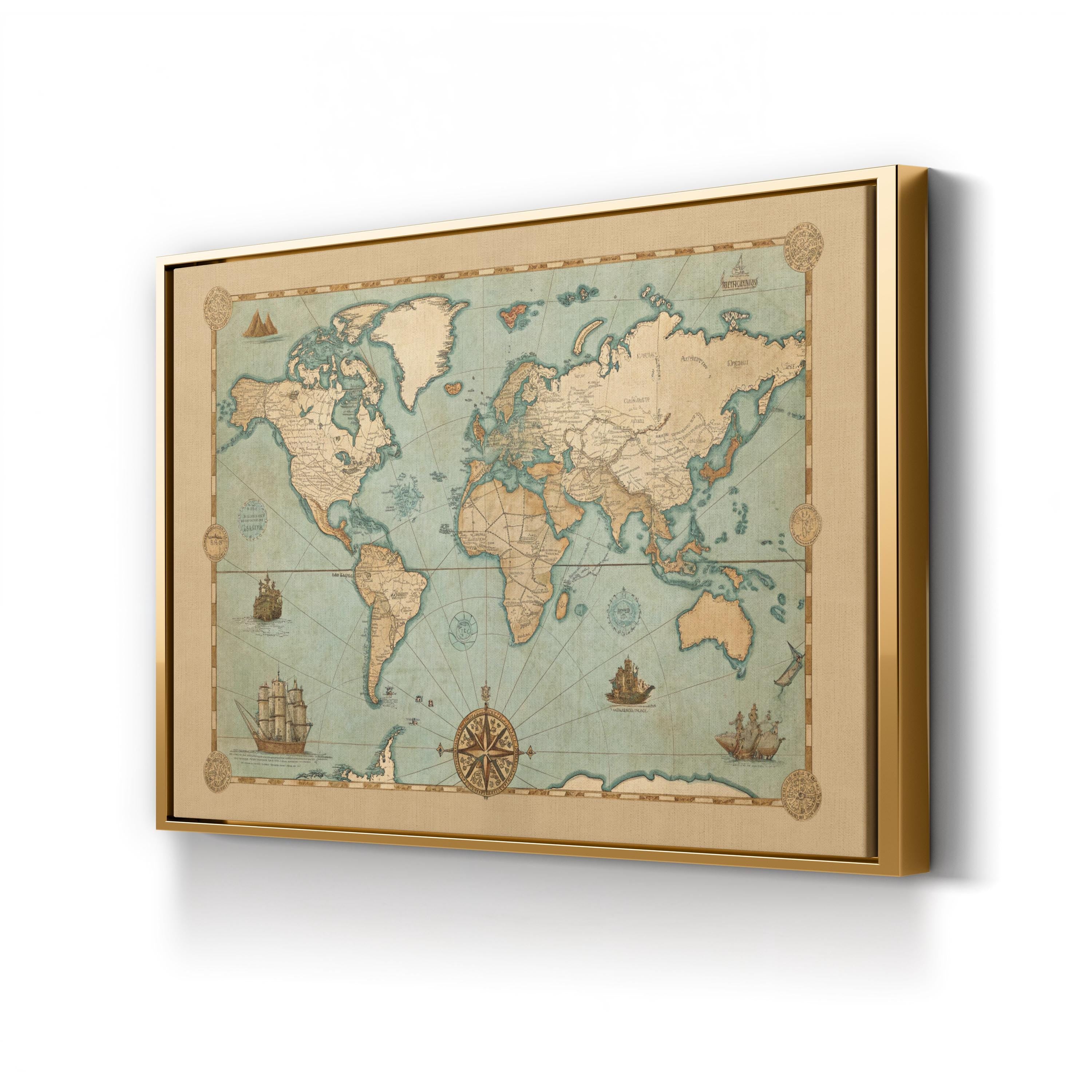 Vintage World Map with Nautical Compass – Historical Map Wall Art | Antique Cartography Canvas Print