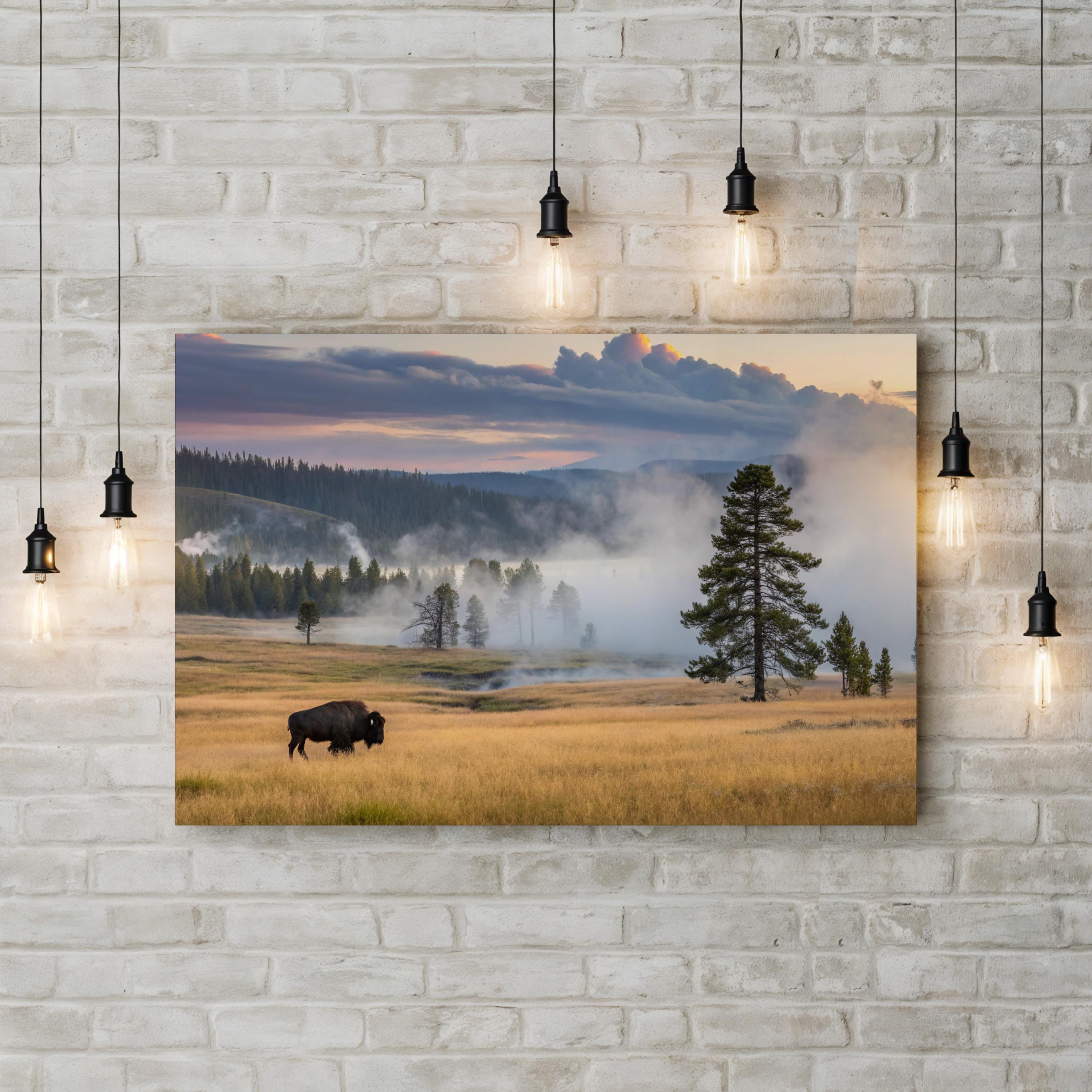 Yellowstone Bison at Dawn – Vintage Photography Wall Art | Western Wildlife Canvas Print