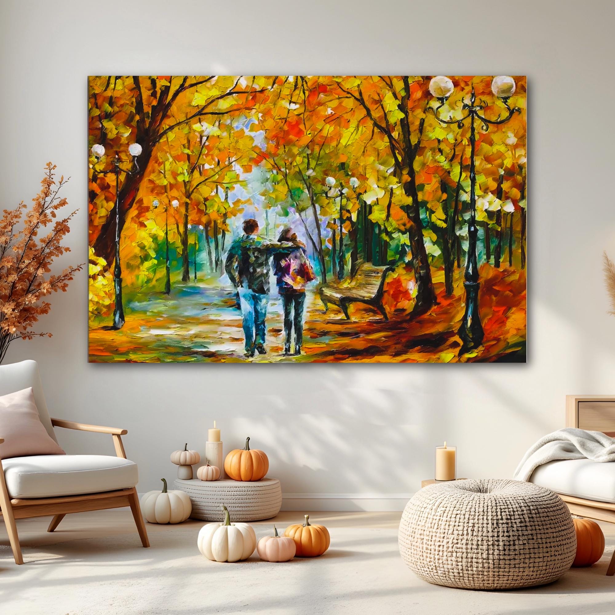Autumn Walk Park Sunset – Period Illustration Wall Art | Warm Fall Landscape Canvas Print