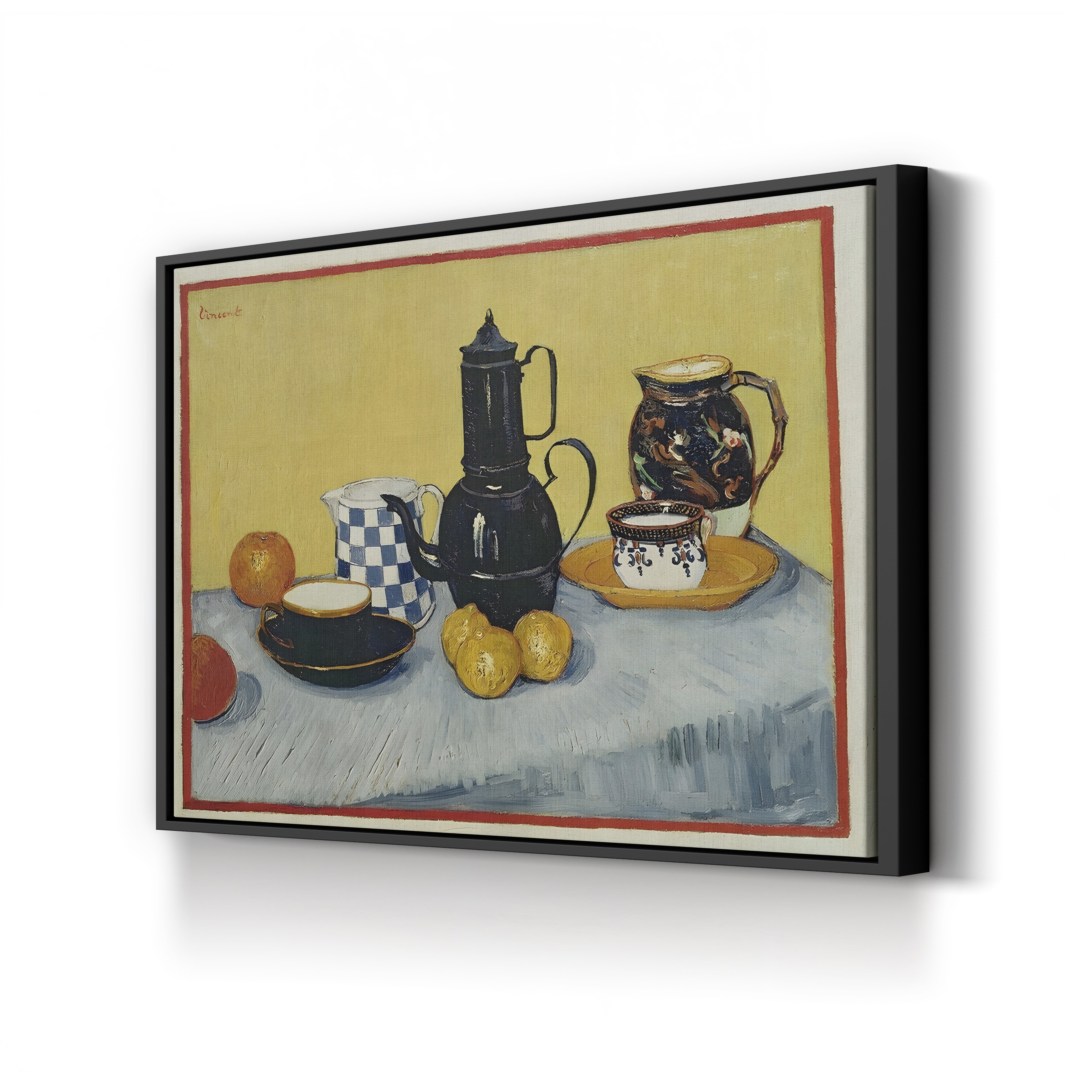 Still Life with Blue Enamel Coffeepot, Earthenware and Fruit, 1888 – Vincent van Gogh Wall Art | Post-Impressionist Still Life Canvas Print