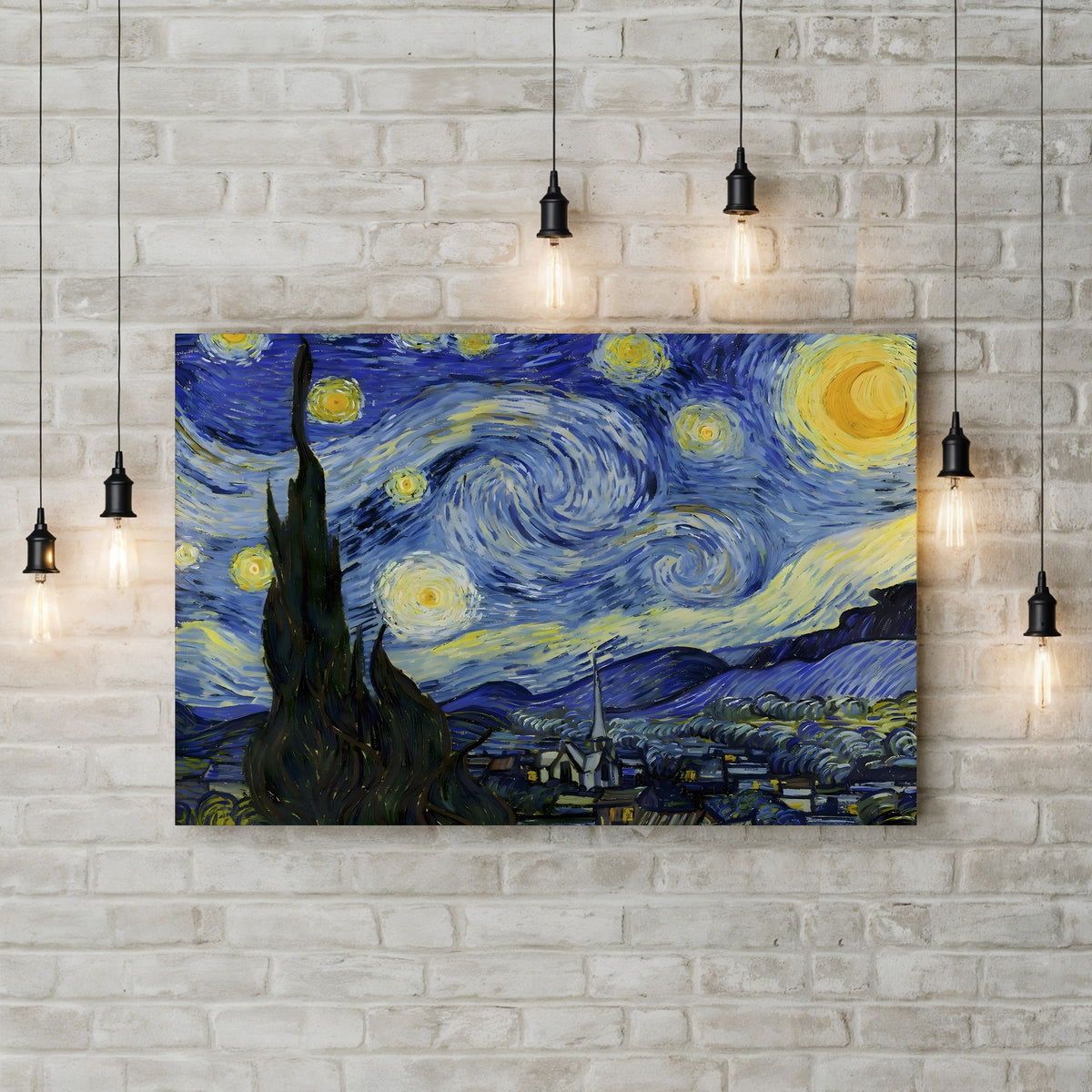 The Starry Night, c. 1889 by Vincent van Gogh canvas print displayed on a wall with soft light