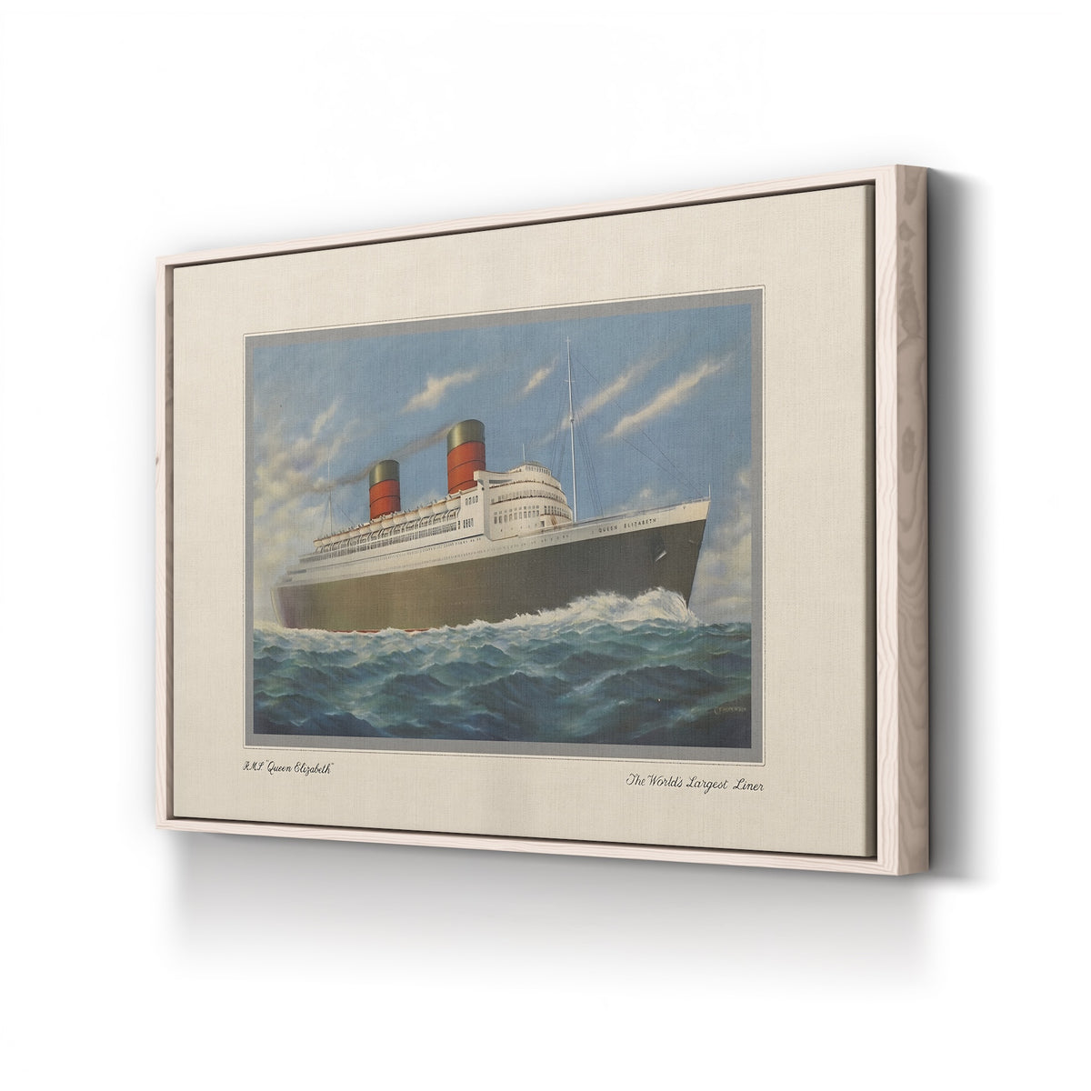 RMS Queen Elizabeth, The World’s Largest Liner canvas print in natural wood frame