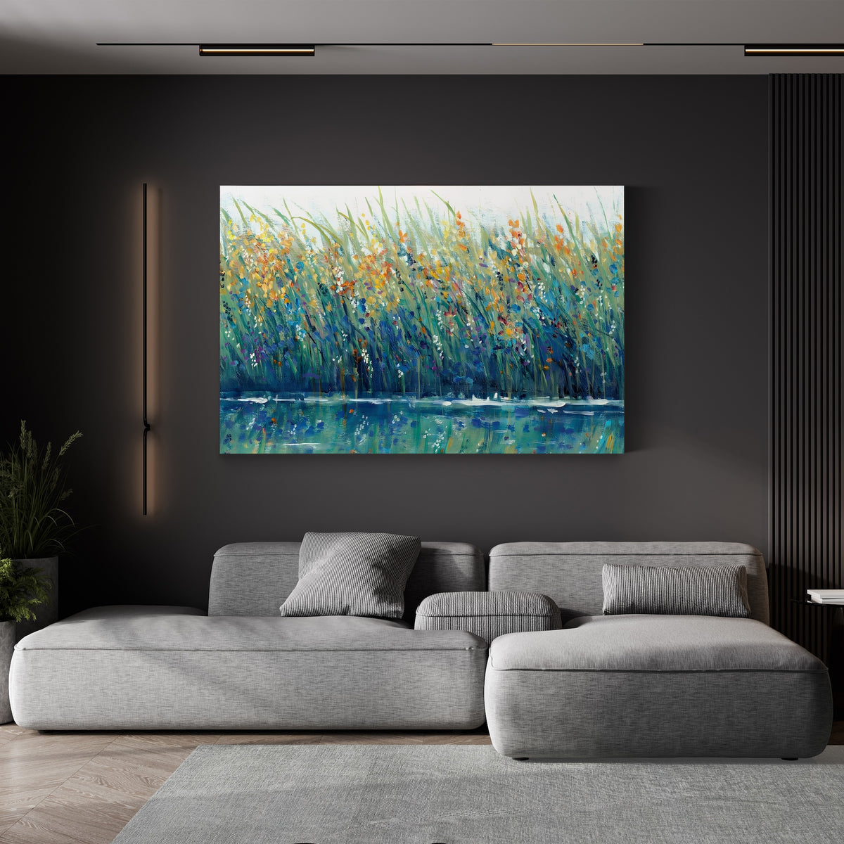 Wildflower Meadow Reflection canvas print displayed in a living room