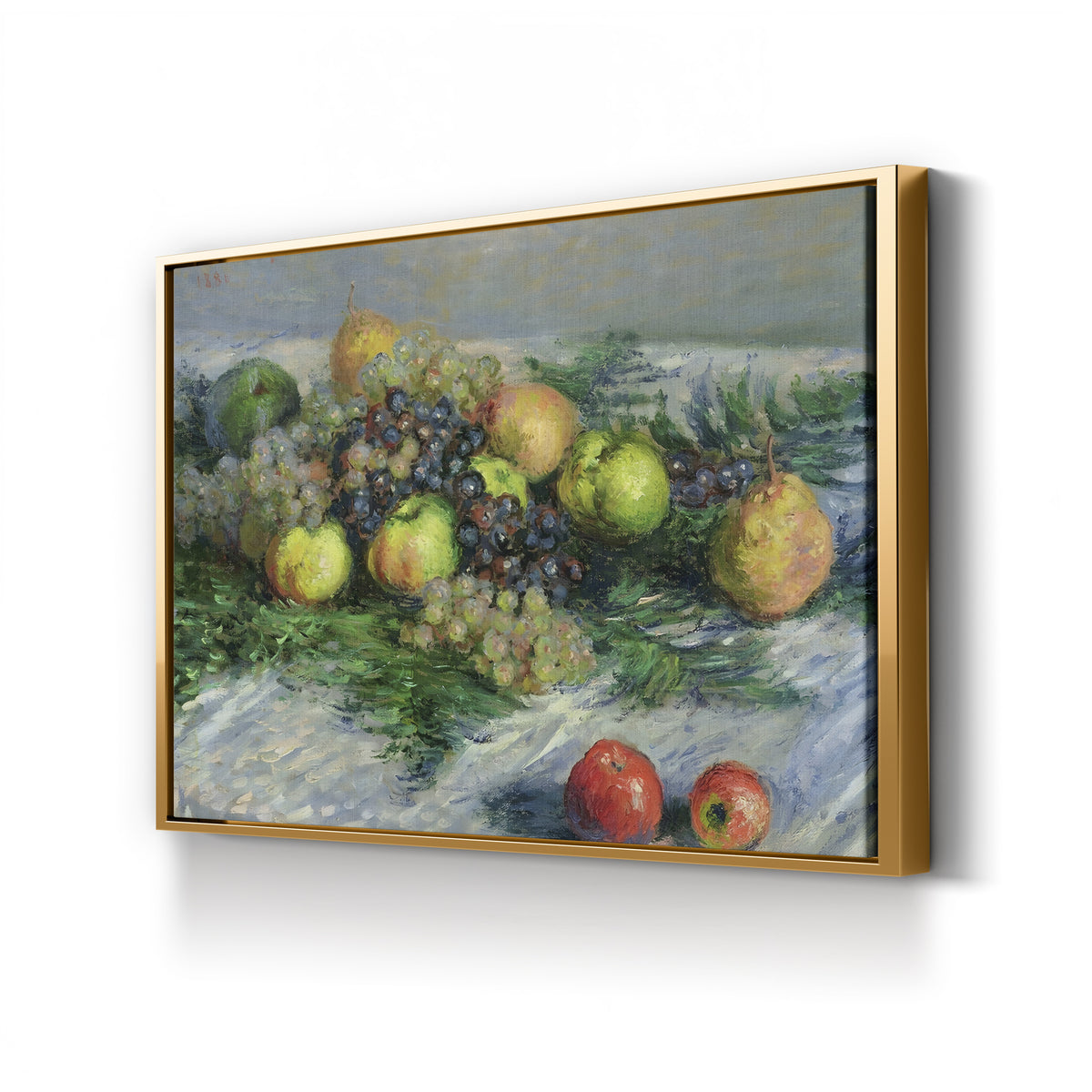 Still Life with Pears and Grapes (Nature morte, poires et raisin), c. 1880 by Claude Monet canvas print in gold frame