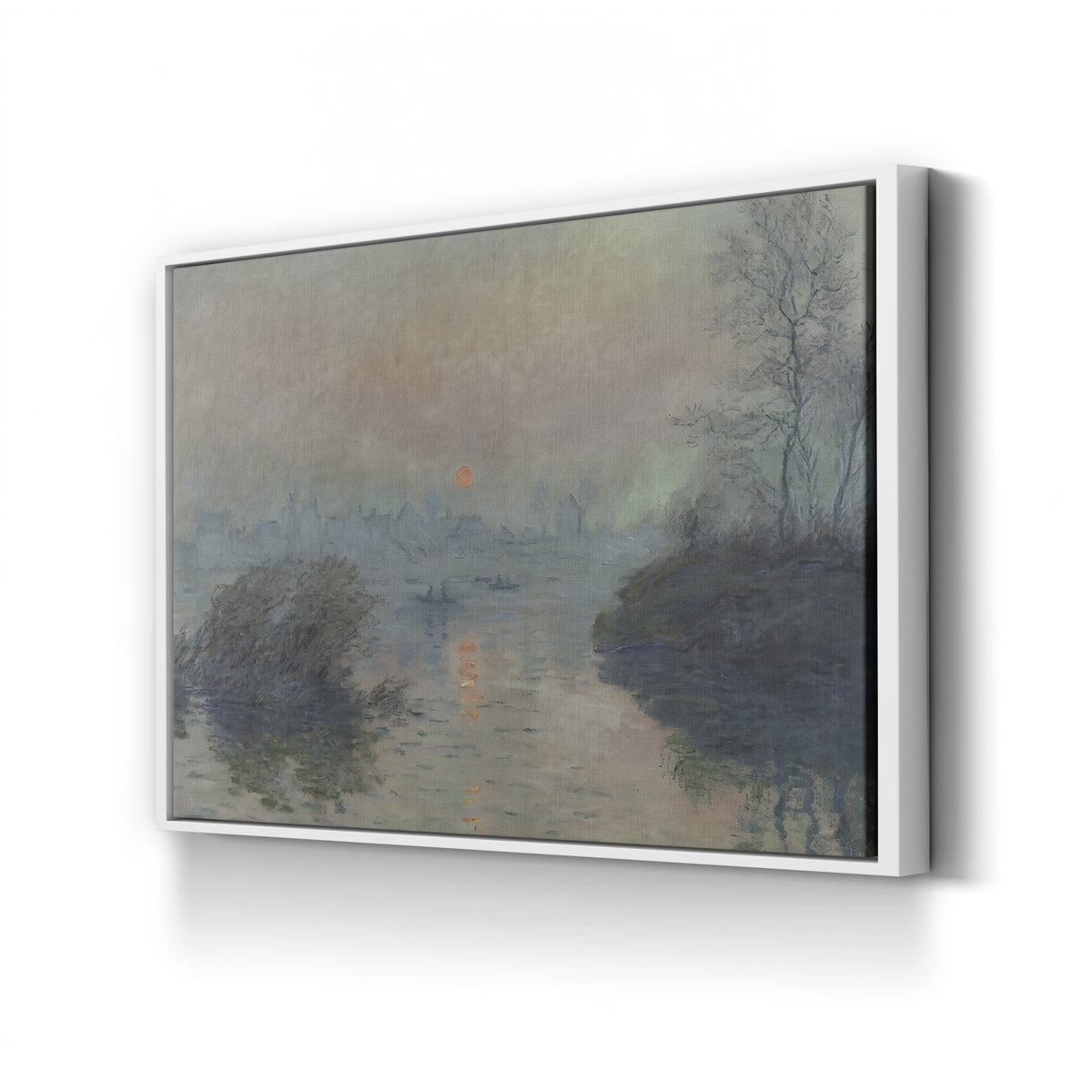 Sunset on the Seine at Lavacourt, c. 1880 by Claude Monet canvas print in white frame