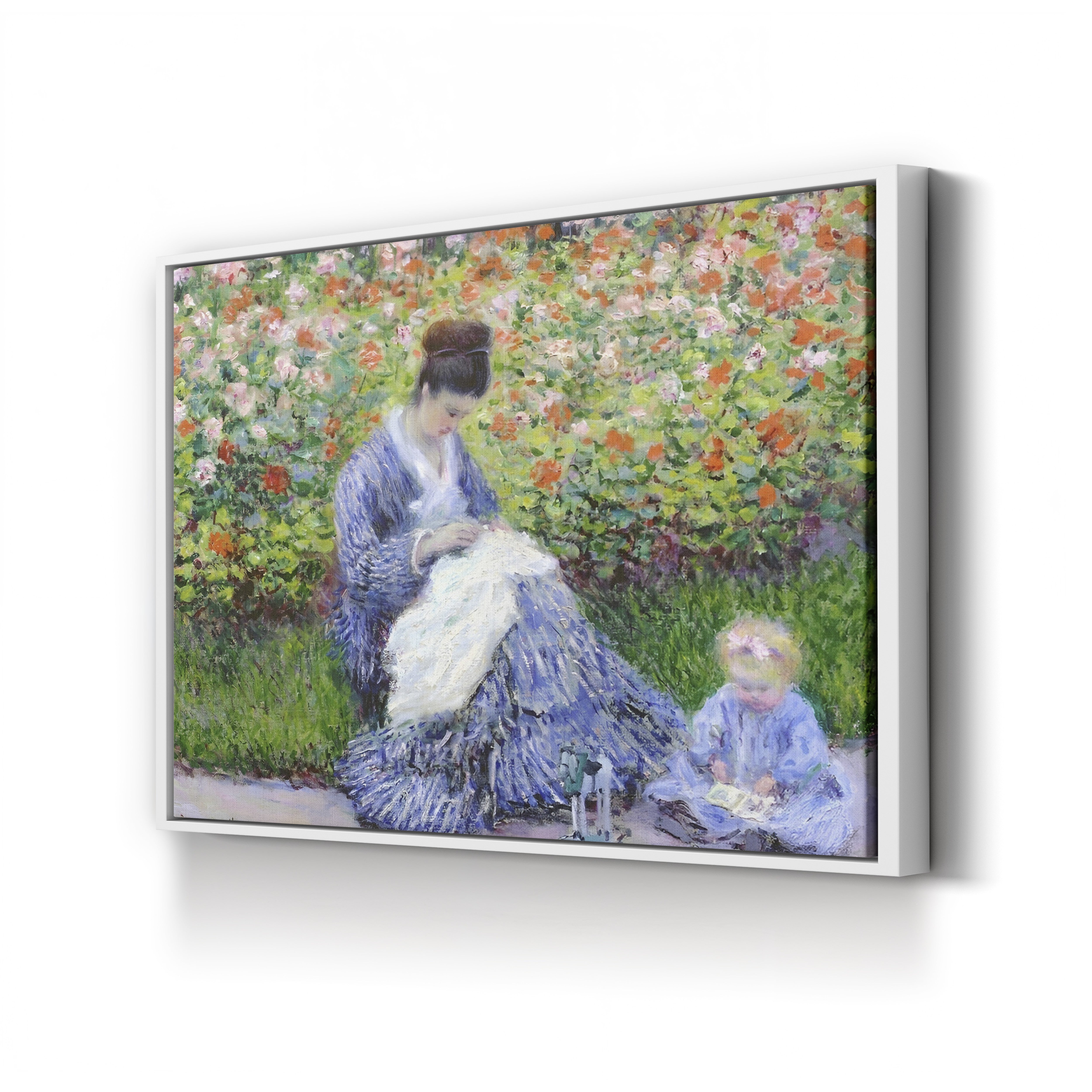 Camille Monet and a Child in the Artist's Garden at Argenteuil – Claude Monet Wall Art | Impressionist Garden Figure Canvas Print