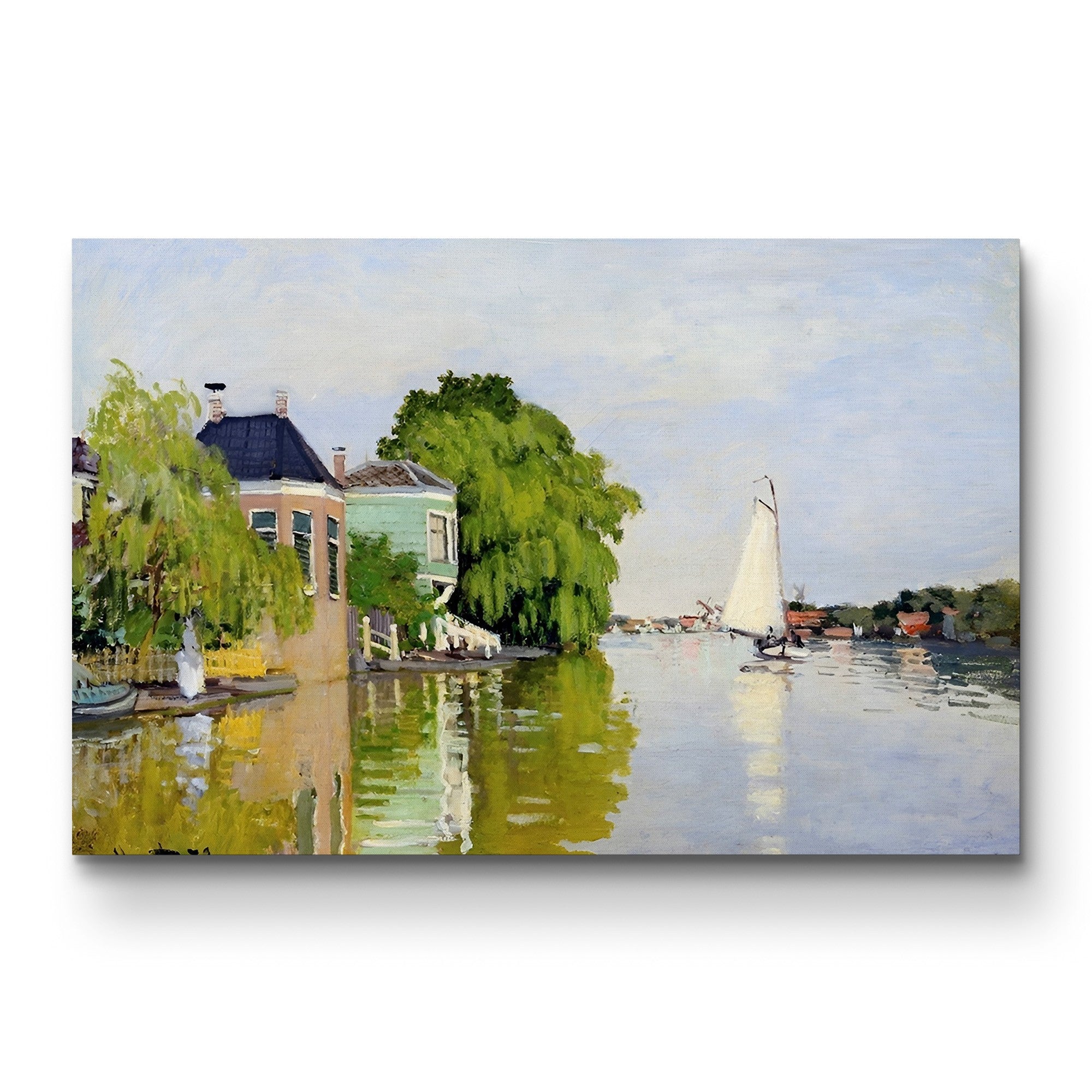 Houses on the Achterzaan – Claude Monet Wall Art | Early Impressionist Dutch Waterfront Canvas Print