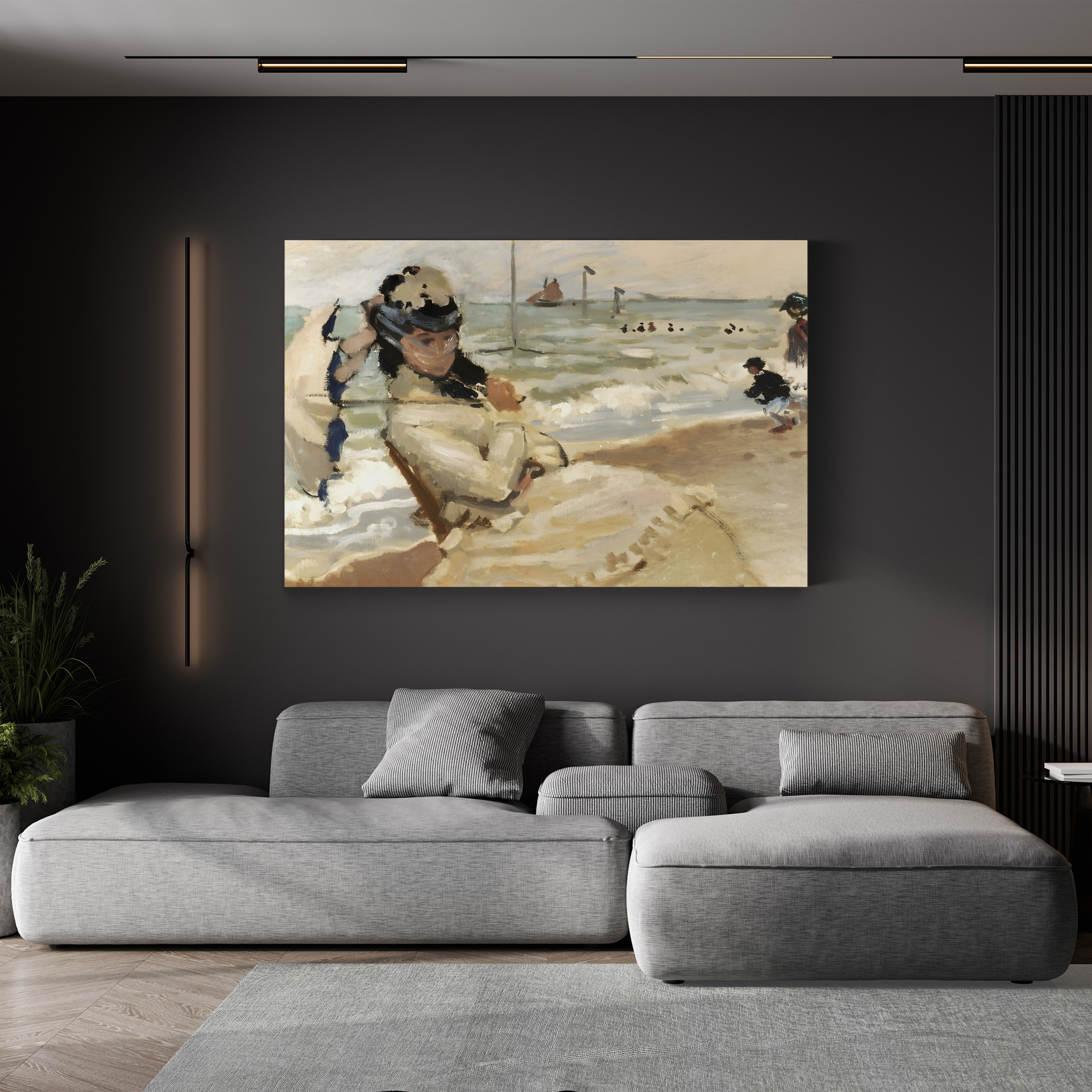 Camille on the Beach at Trouville – Claude Monet Wall Art | Early Impressionist Norman Beach Canvas Print
