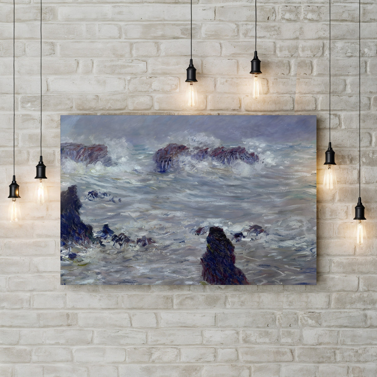 Storm off the Belle-Île Coast, c. 1886 by Claude Monet canvas print displayed on a brick wall