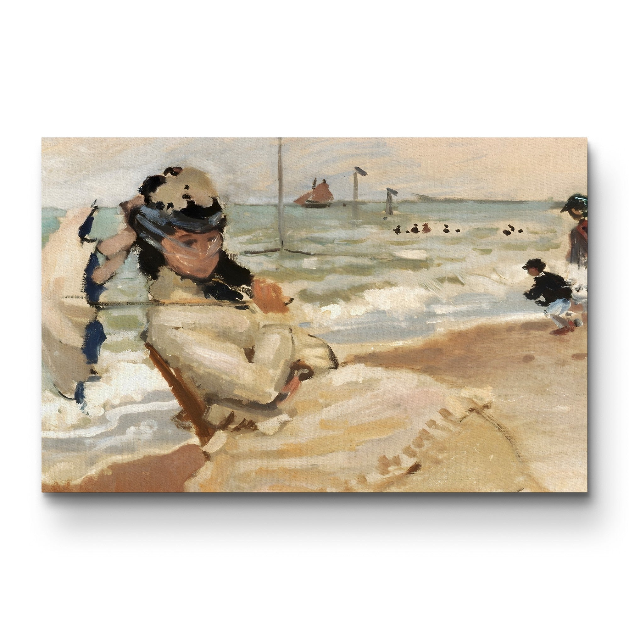 Camille on the Beach at Trouville – Claude Monet Wall Art | Early Impressionist Norman Beach Canvas Print