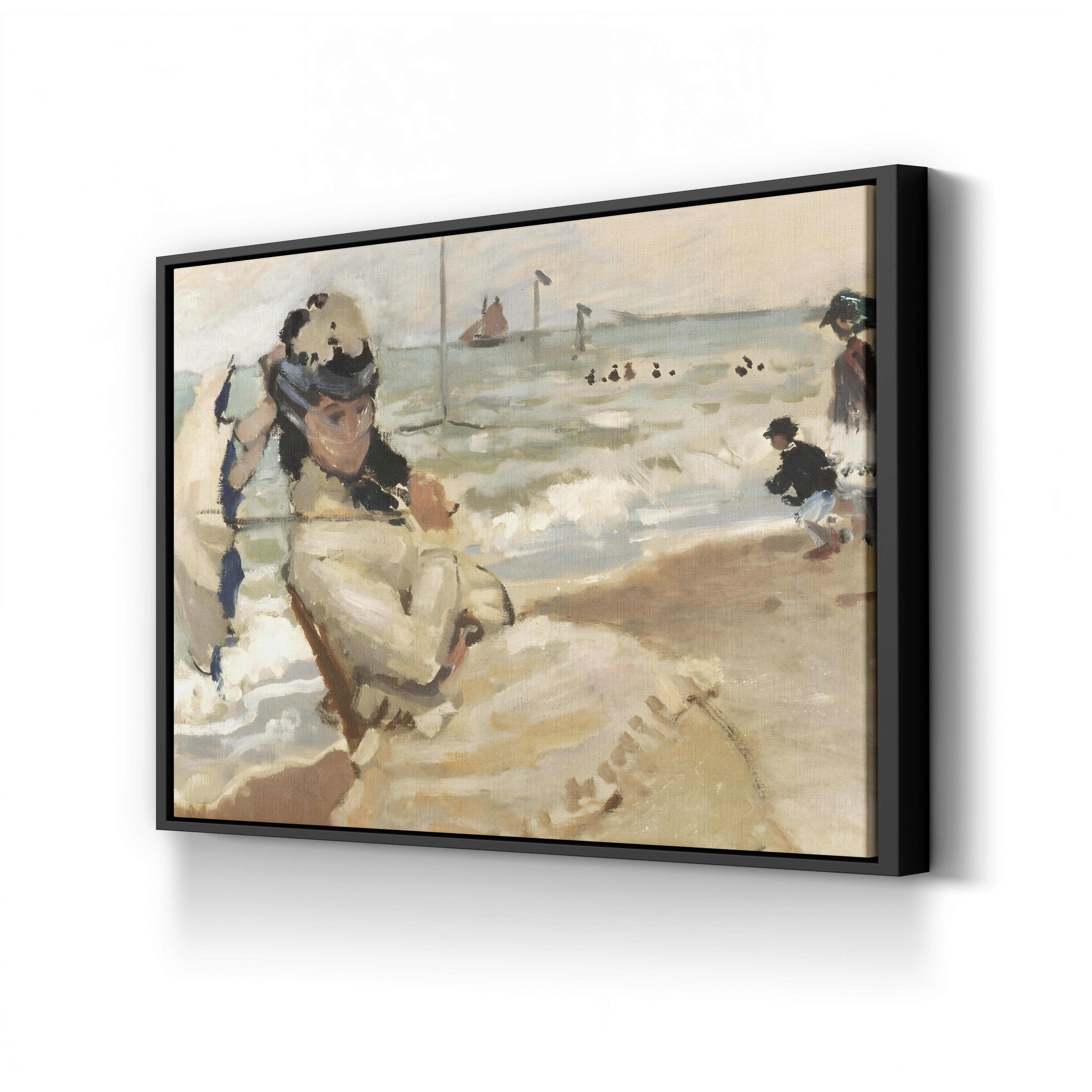 Camille on the Beach at Trouville – Claude Monet Wall Art | Early Impressionist Norman Beach Canvas Print