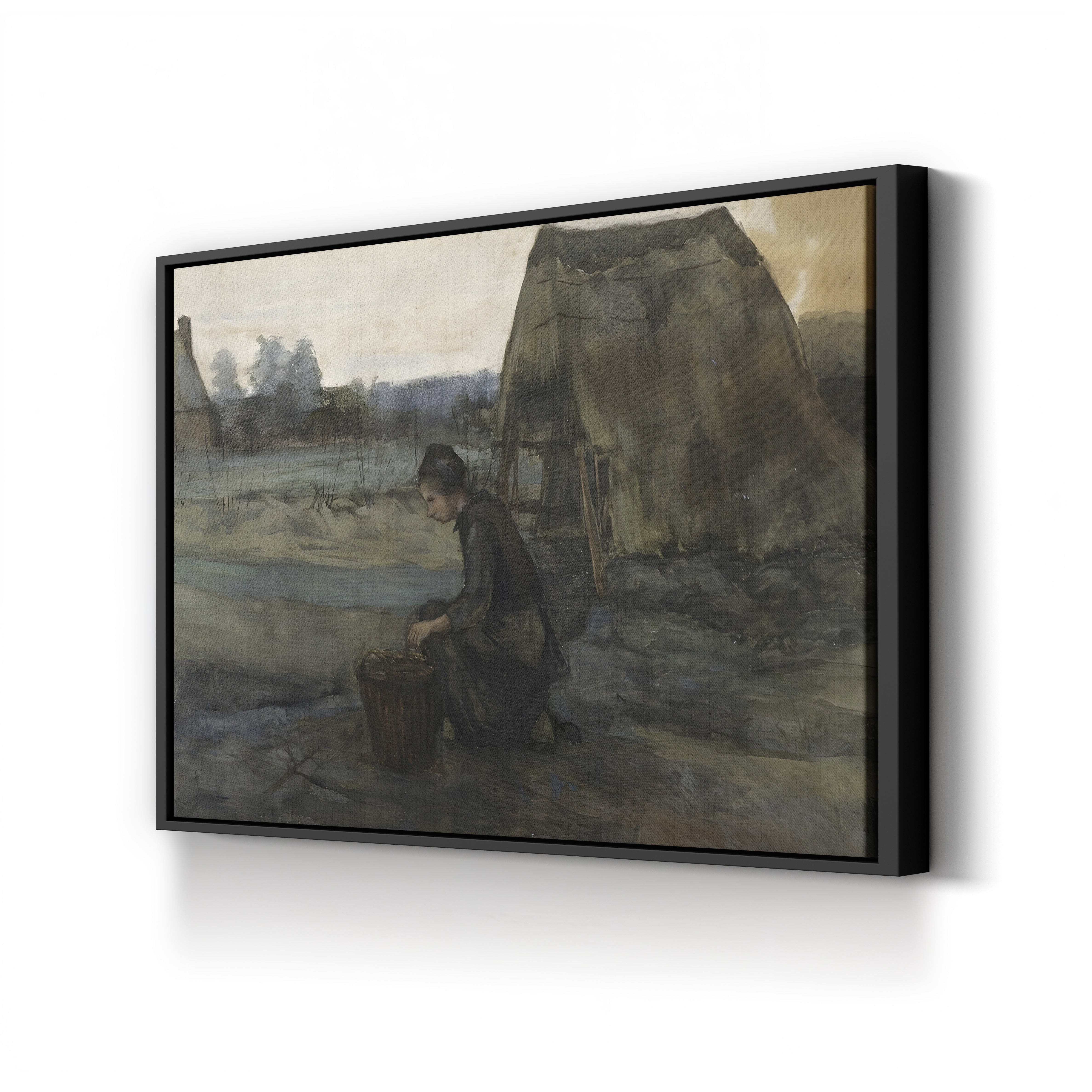A Kneeling Peasant Woman in Front of a Hut by Vincent van Gogh canvas print in black frame