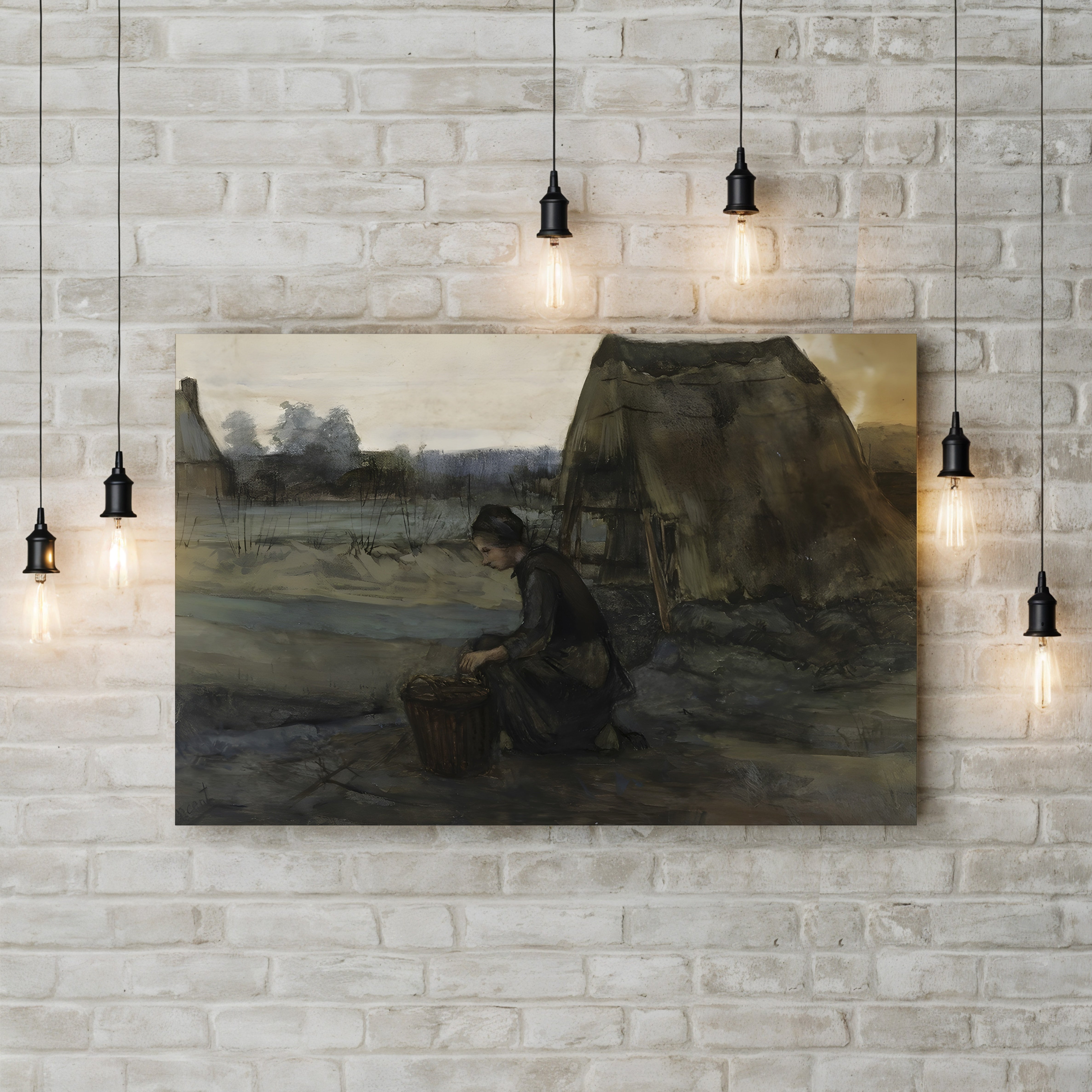 A Kneeling Peasant Woman in Front of a Hut by Vincent van Gogh canvas print displayed on a wall with accent lighting