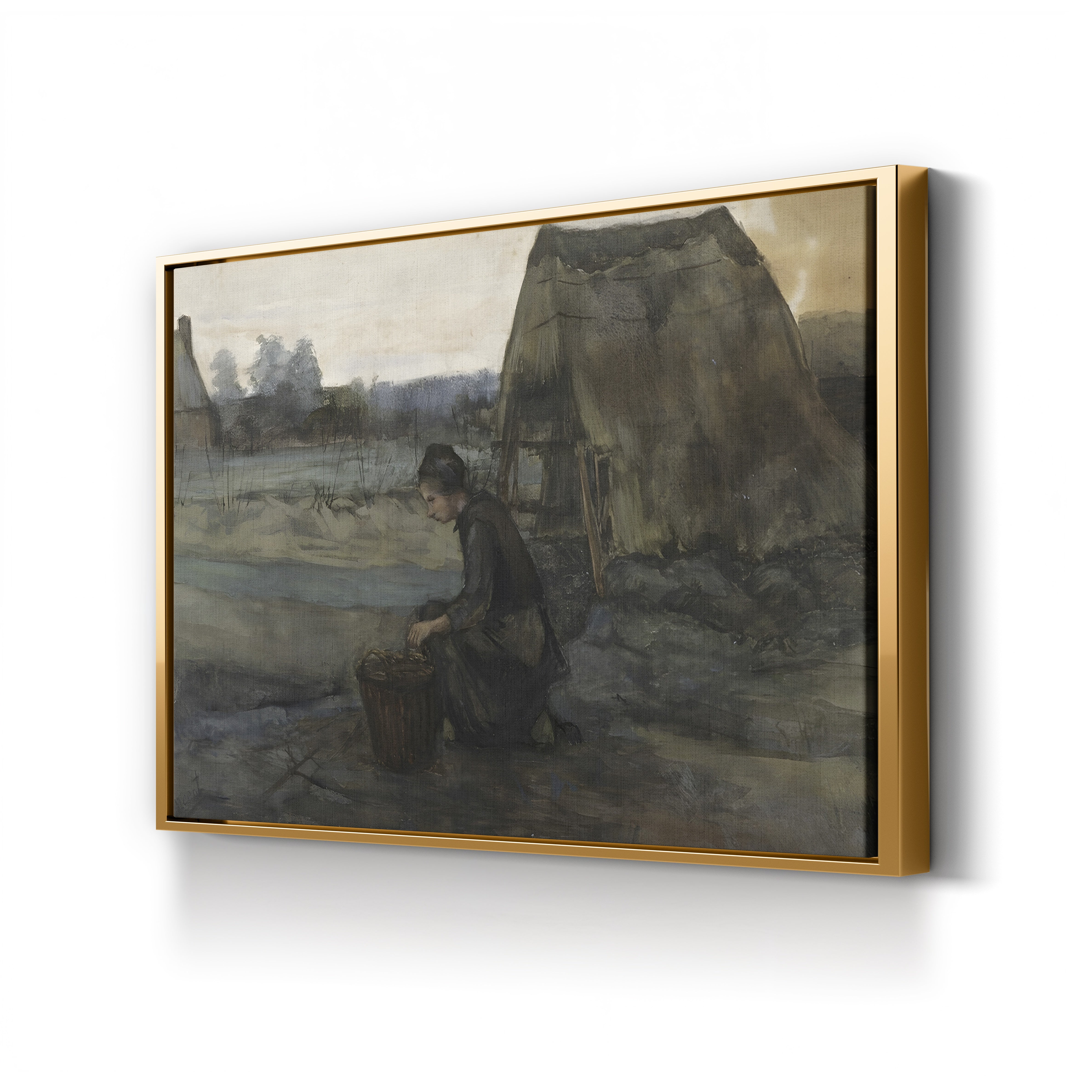 A Kneeling Peasant Woman in Front of a Hut by Vincent van Gogh canvas print in gold frame