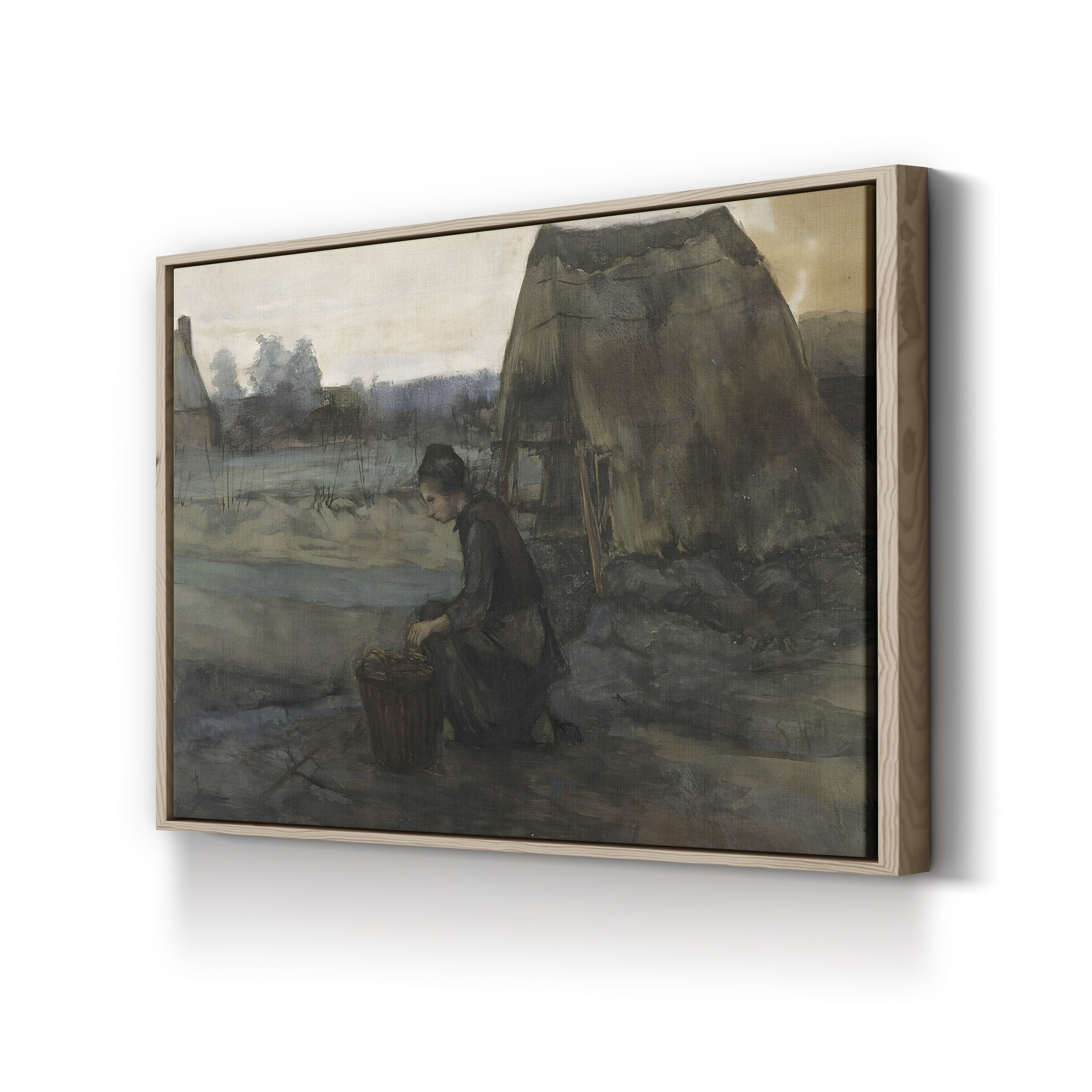 A Kneeling Peasant Woman in Front of a Hut by Vincent van Gogh canvas print in oak frame