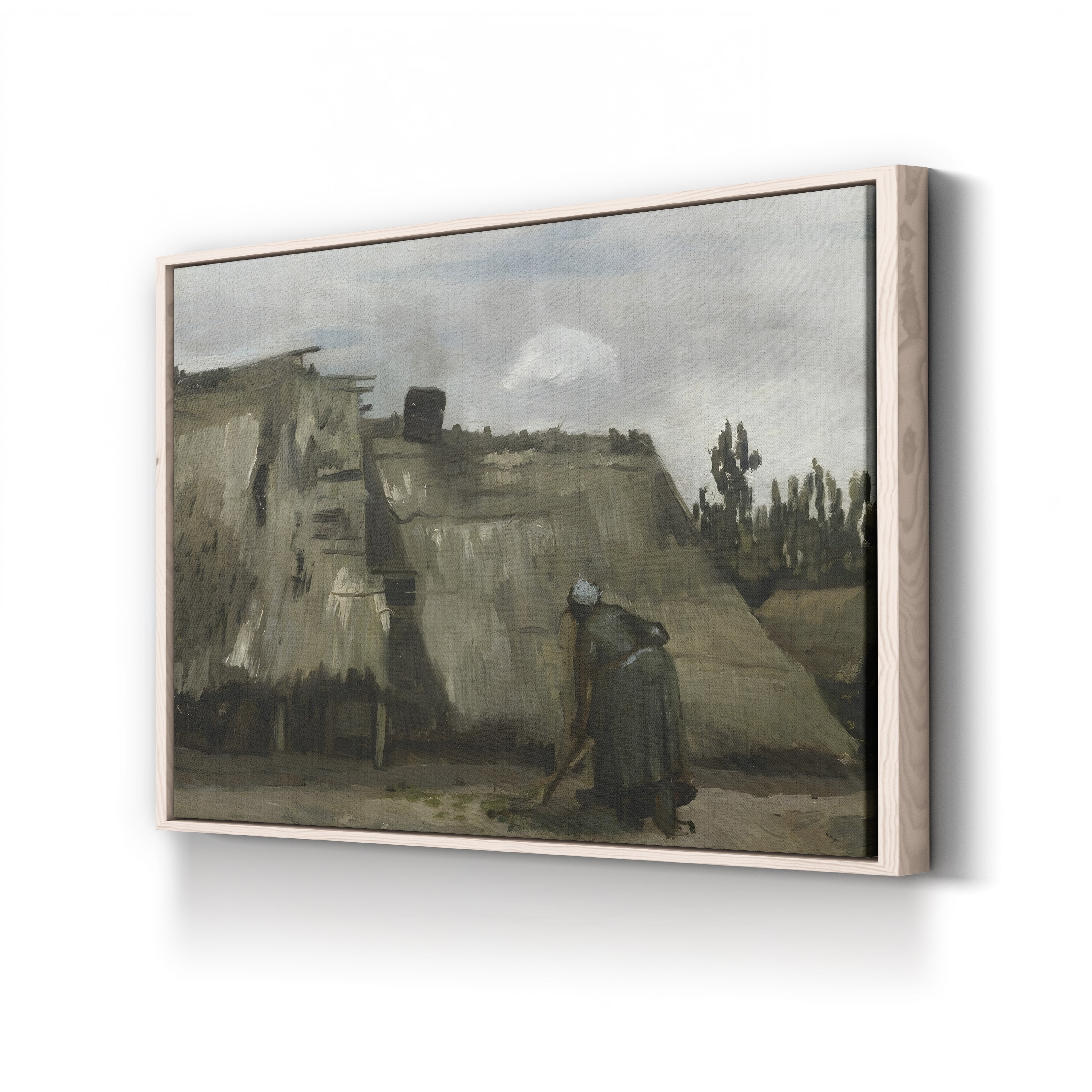 A Peasant Woman Digging in Front of Her Cottage by Vincent van Gogh canvas print in natural wood frame