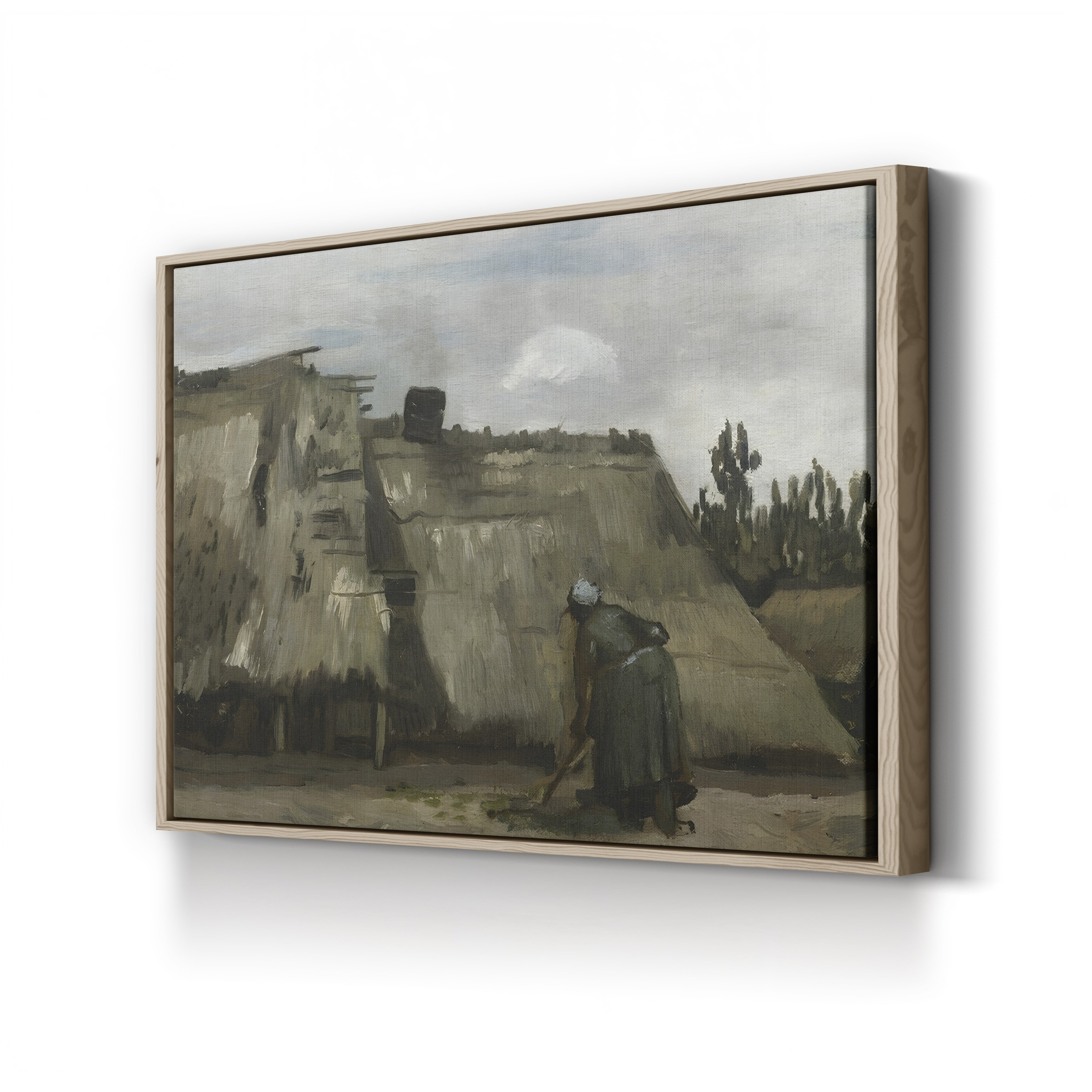 A Peasant Woman Digging in Front of Her Cottage by Vincent van Gogh canvas print in oak frame
