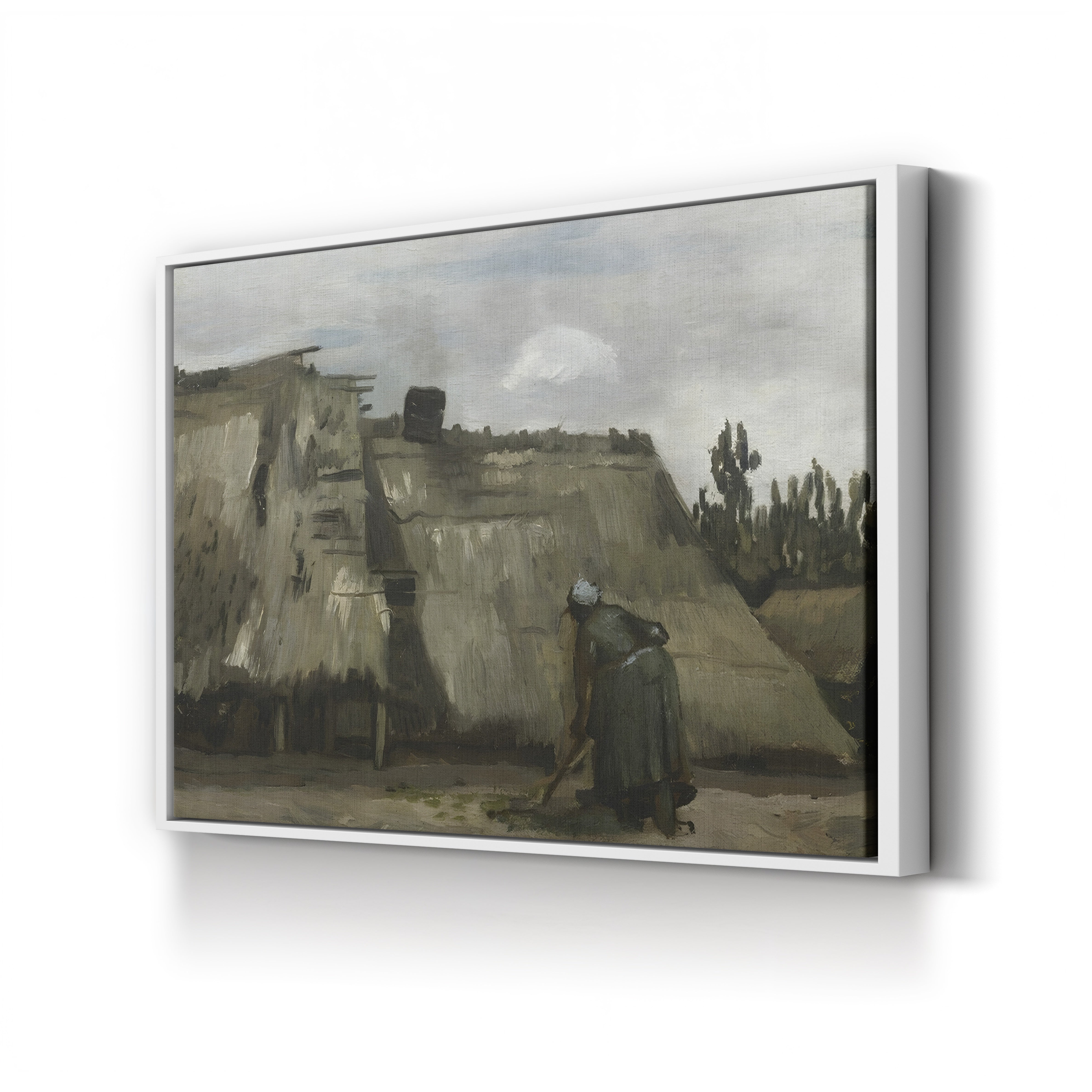 A Peasant Woman Digging in Front of Her Cottage by Vincent van Gogh canvas print in white frame