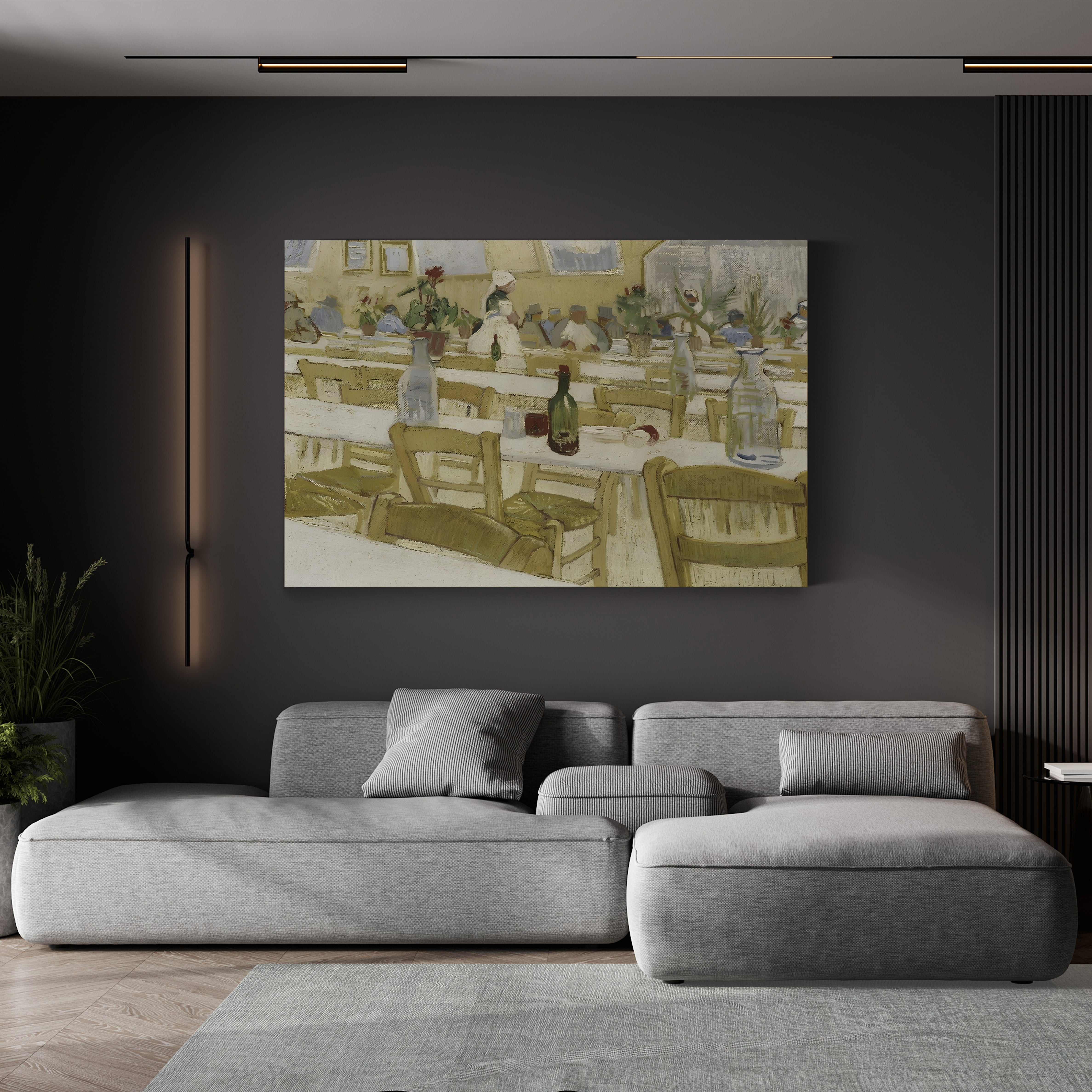 Interior of a Restaurant by Vincent van Gogh canvas print displayed in a living room