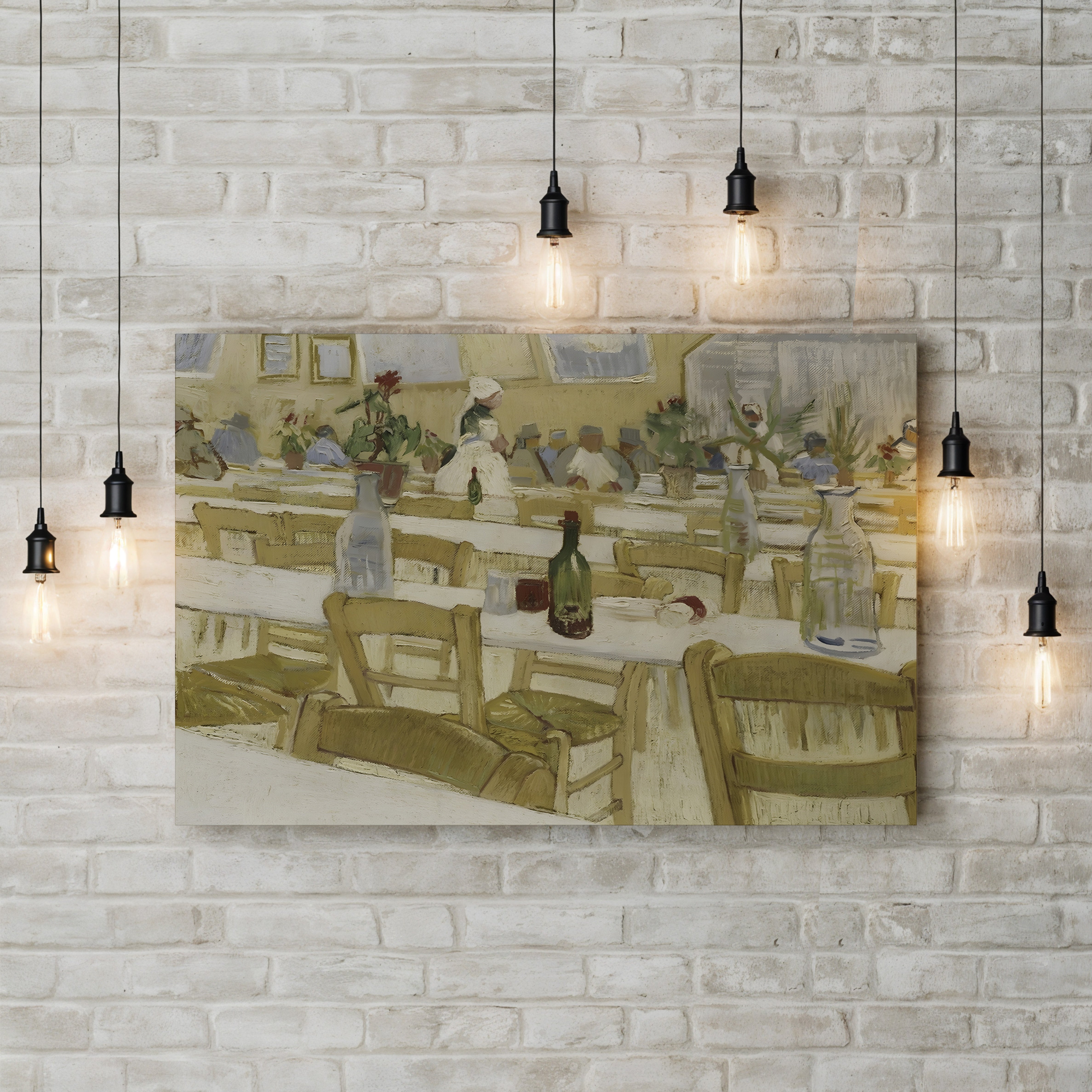 Interior of a Restaurant by Vincent van Gogh canvas print displayed on a wall with accent lighting