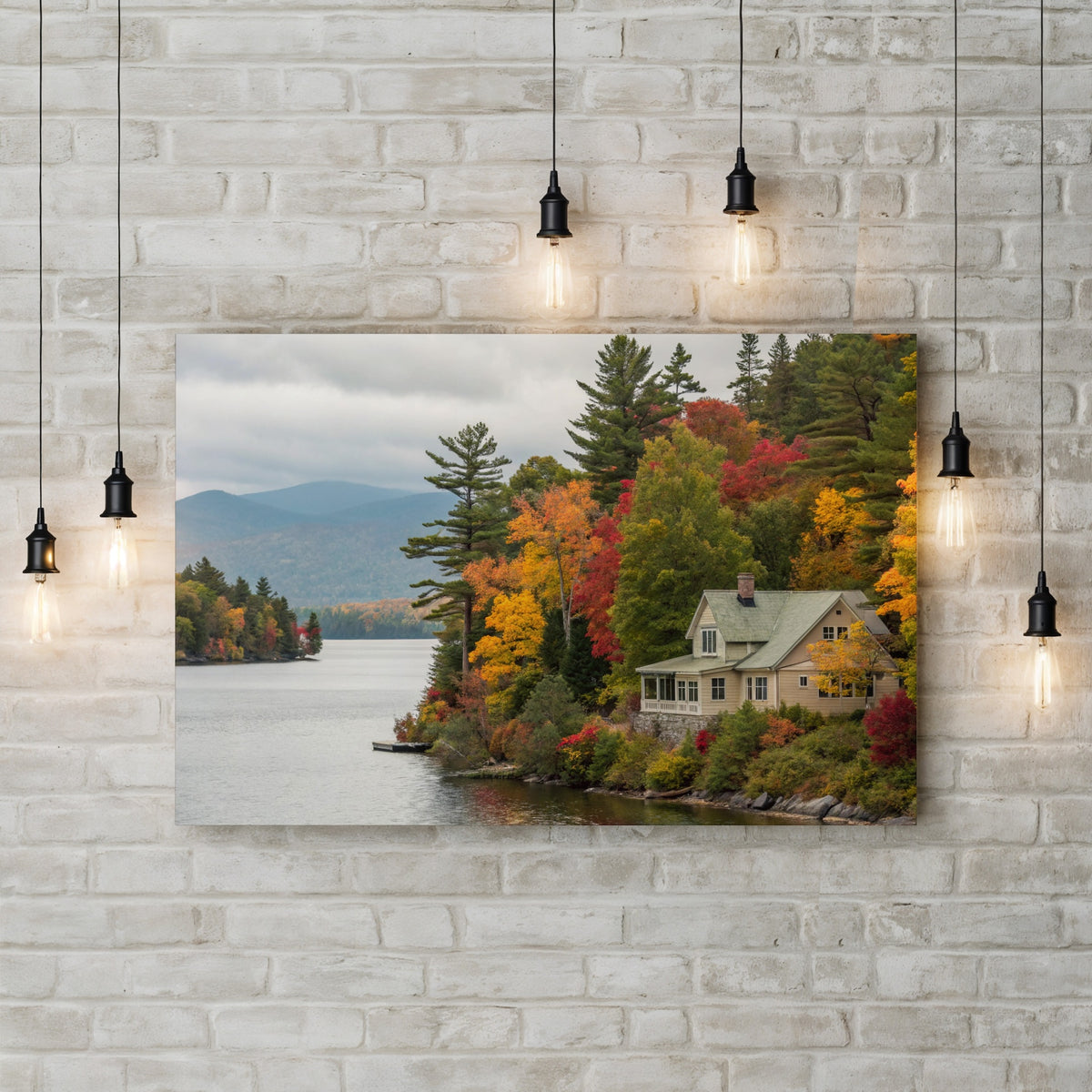 Adirondack Cottage, Adirondack Mountains, New York canvas print displayed on a white brick wall with pendant bulbs