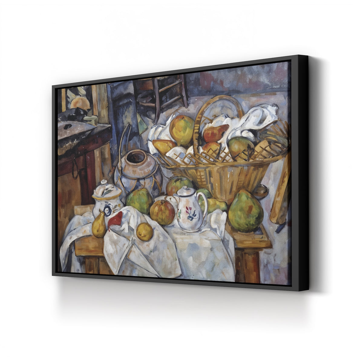The Kitchen Table (Still Life with Basket), 1888-90 by Paul Cézanne canvas print in black frame