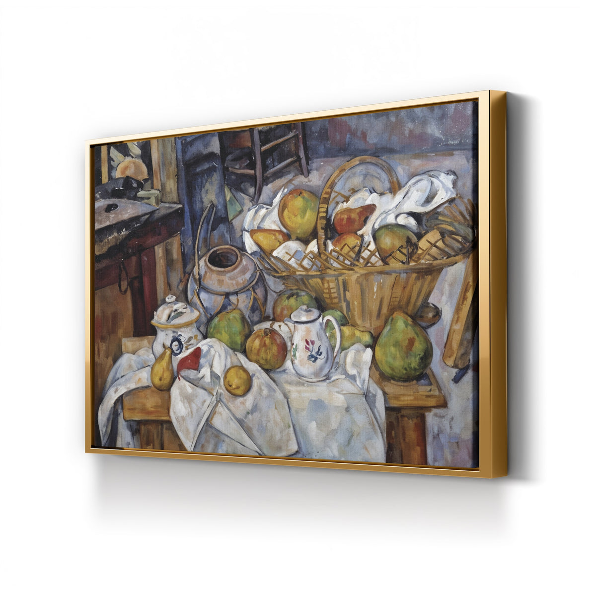 The Kitchen Table (Still Life with Basket), 1888-90 by Paul Cézanne canvas print in gold frame
