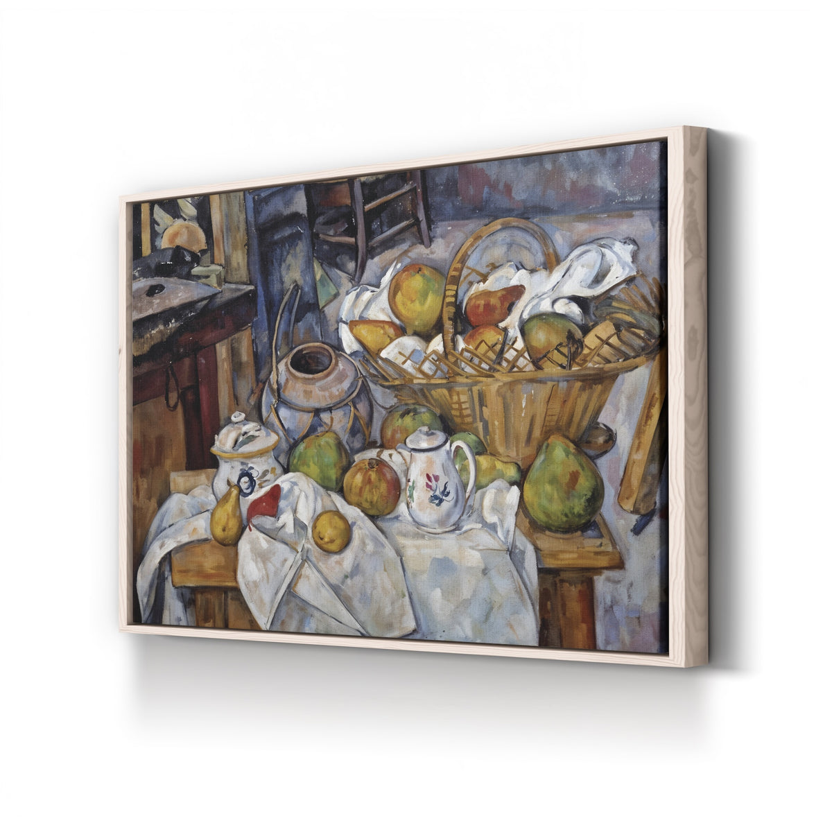 The Kitchen Table (Still Life with Basket), 1888-90 by Paul Cézanne canvas print in natural wood frame