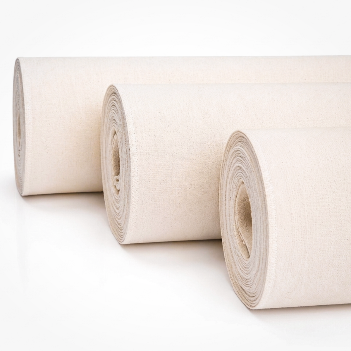 Three rolls of light beige canvas fabric arranged diagonally on a clean white background.