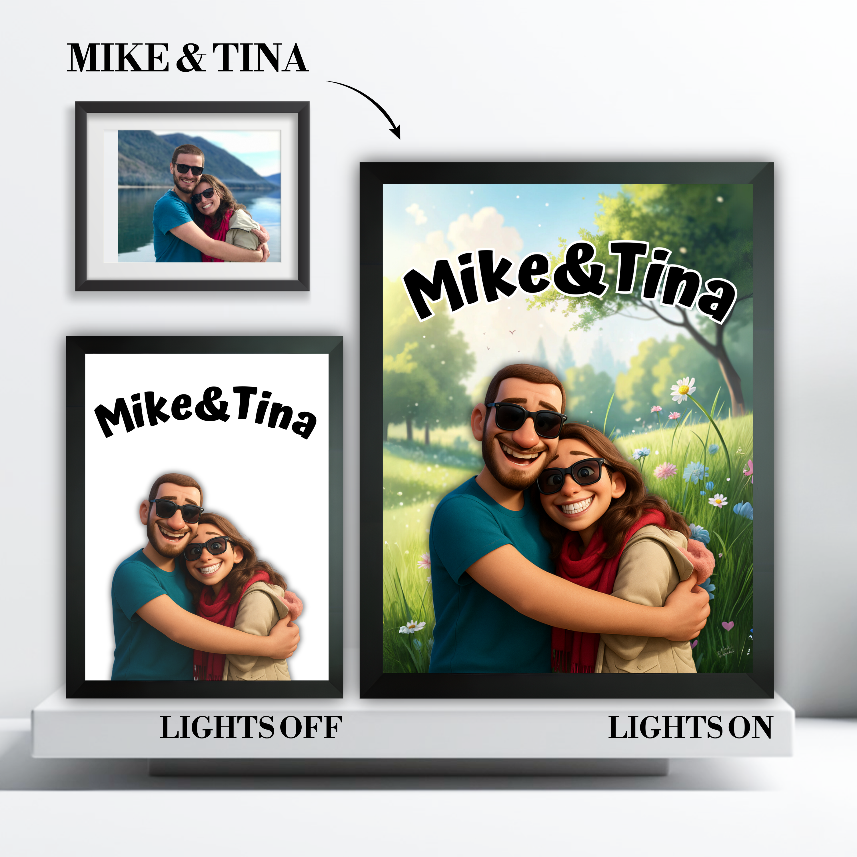 Custom 3D cartoon portrait LED light box example — Mike & Tina, lights off and lights on