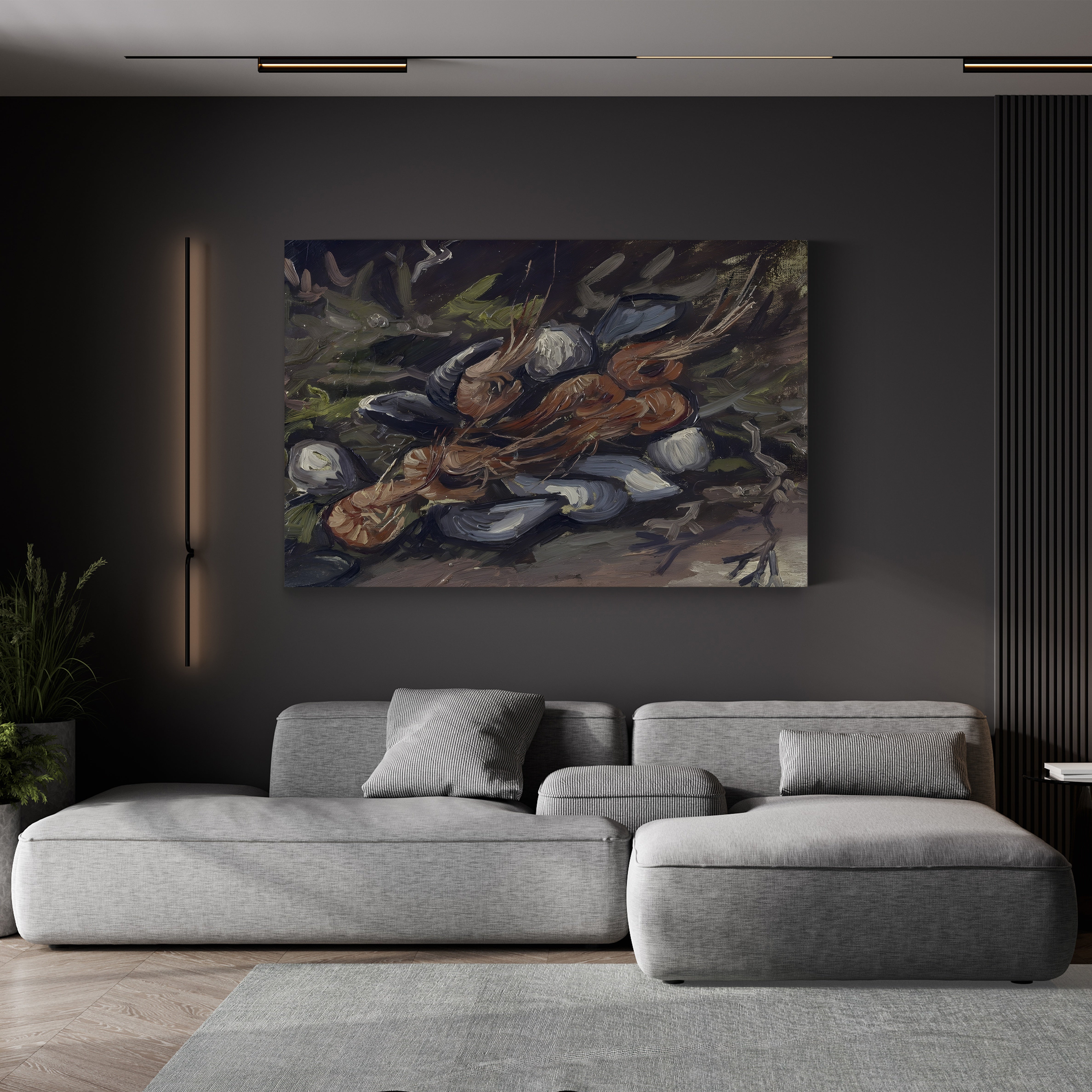 Prawns and Mussels (Crevettes et Moules) by Vincent van Gogh canvas print displayed in a modern living room with a gray sectional sofa
