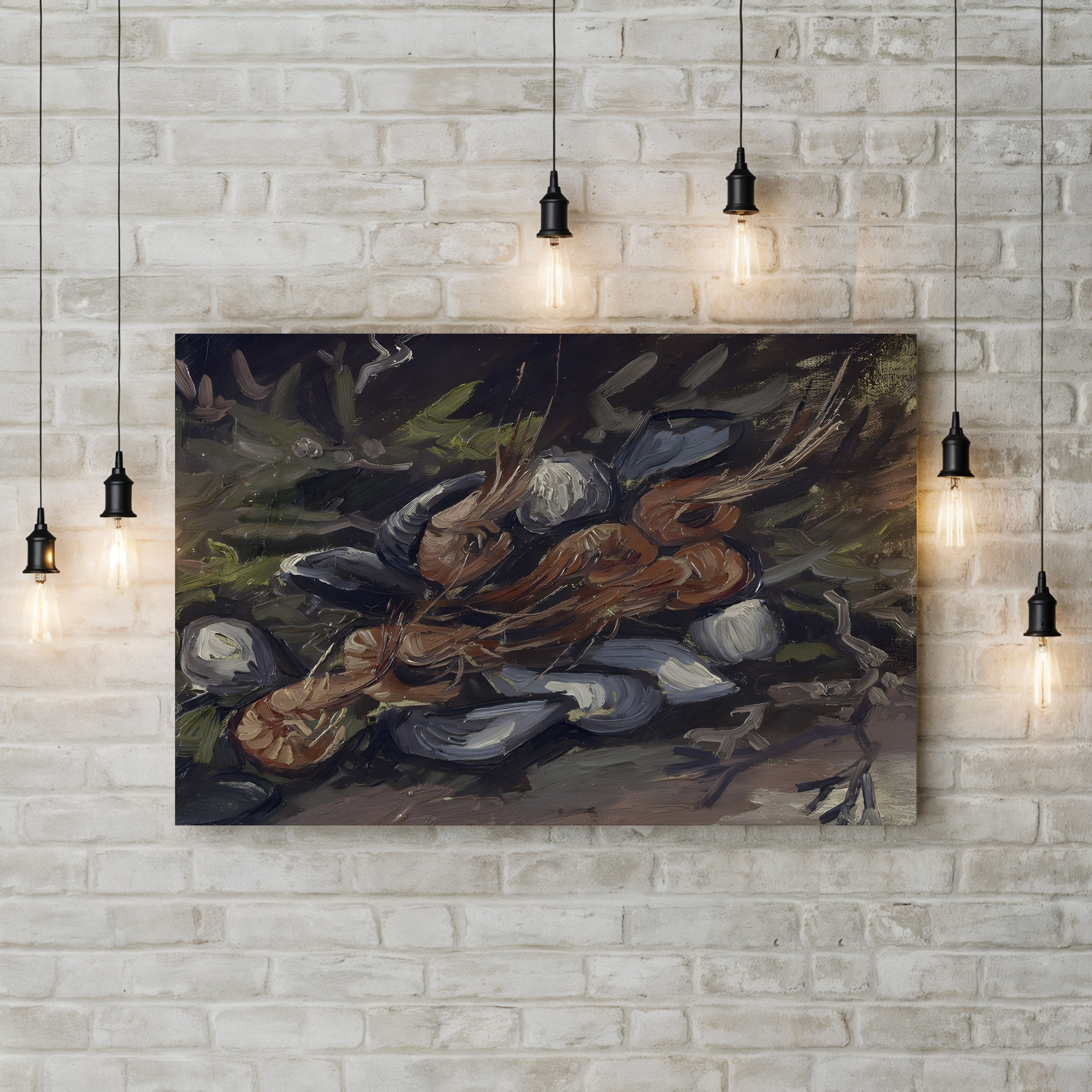 Prawns and Mussels (Crevettes et Moules) by Vincent van Gogh canvas print displayed in a living room with hanging pendant lights over a brick accent wall