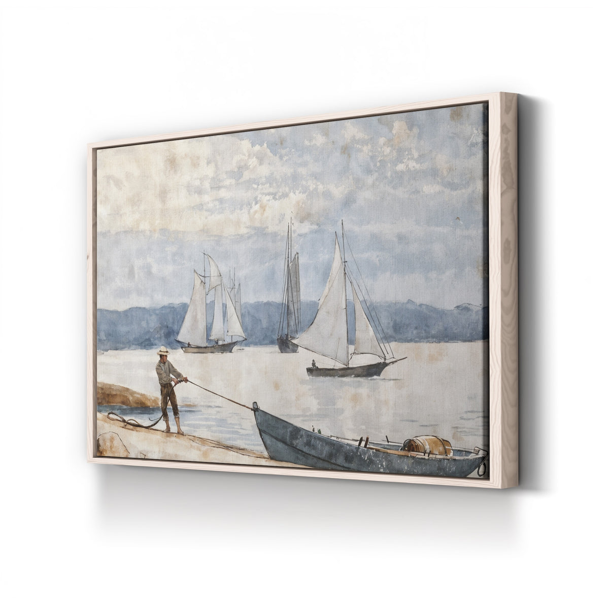 Pulling the Dory, c. 1880 by Winslow Homer canvas print in natural wood frame
