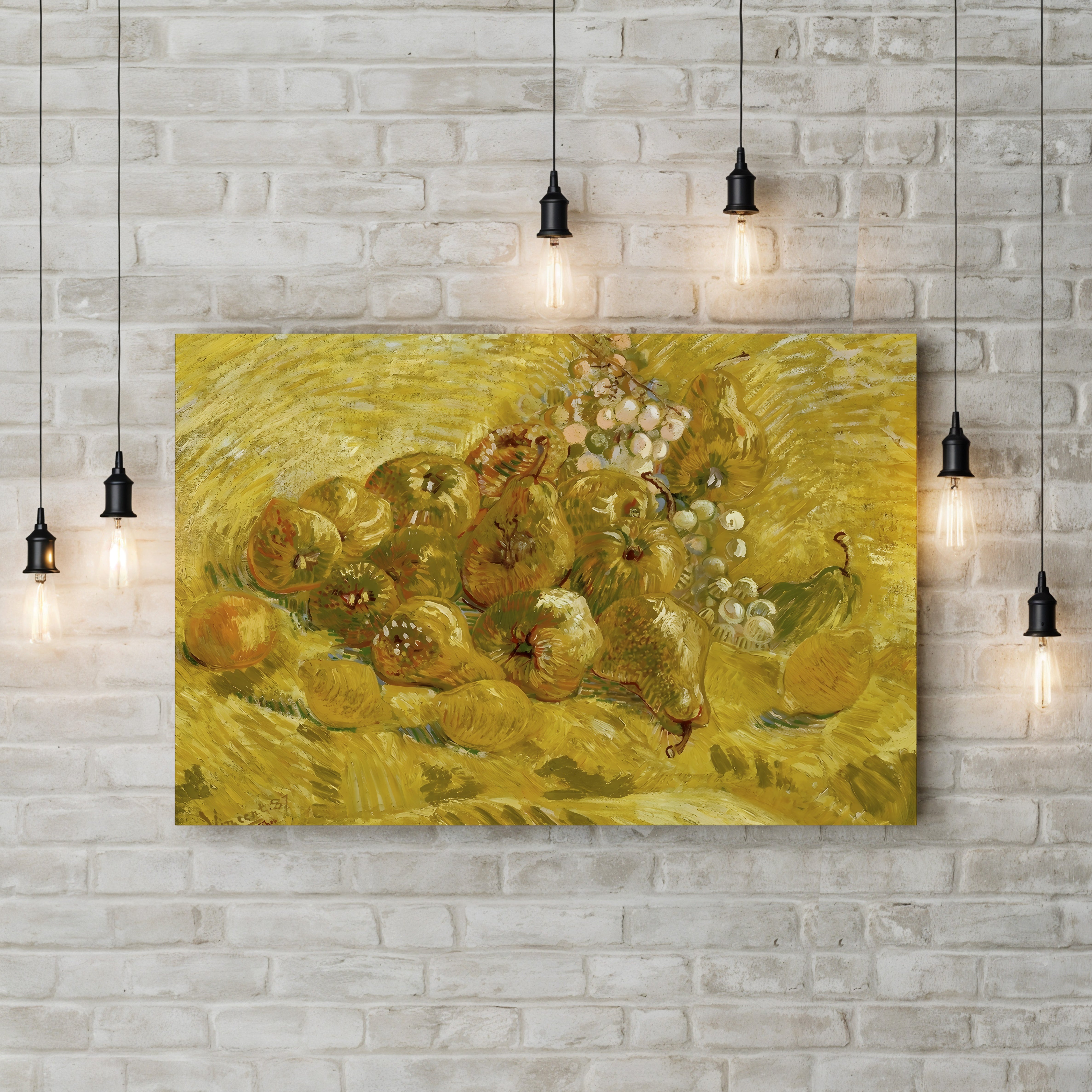 Quinces, Lemons, Pears and Grapes by Vincent van Gogh canvas print displayed on a brick wall with hanging string lights