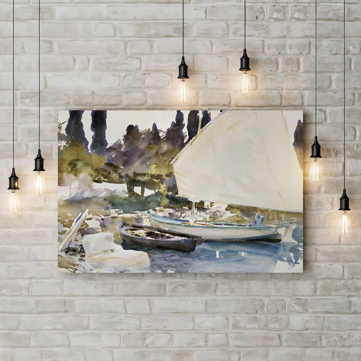 Sailboat and Rowboat Moored Beneath Cypress Trees canvas print displayed on a wall with accent lighting