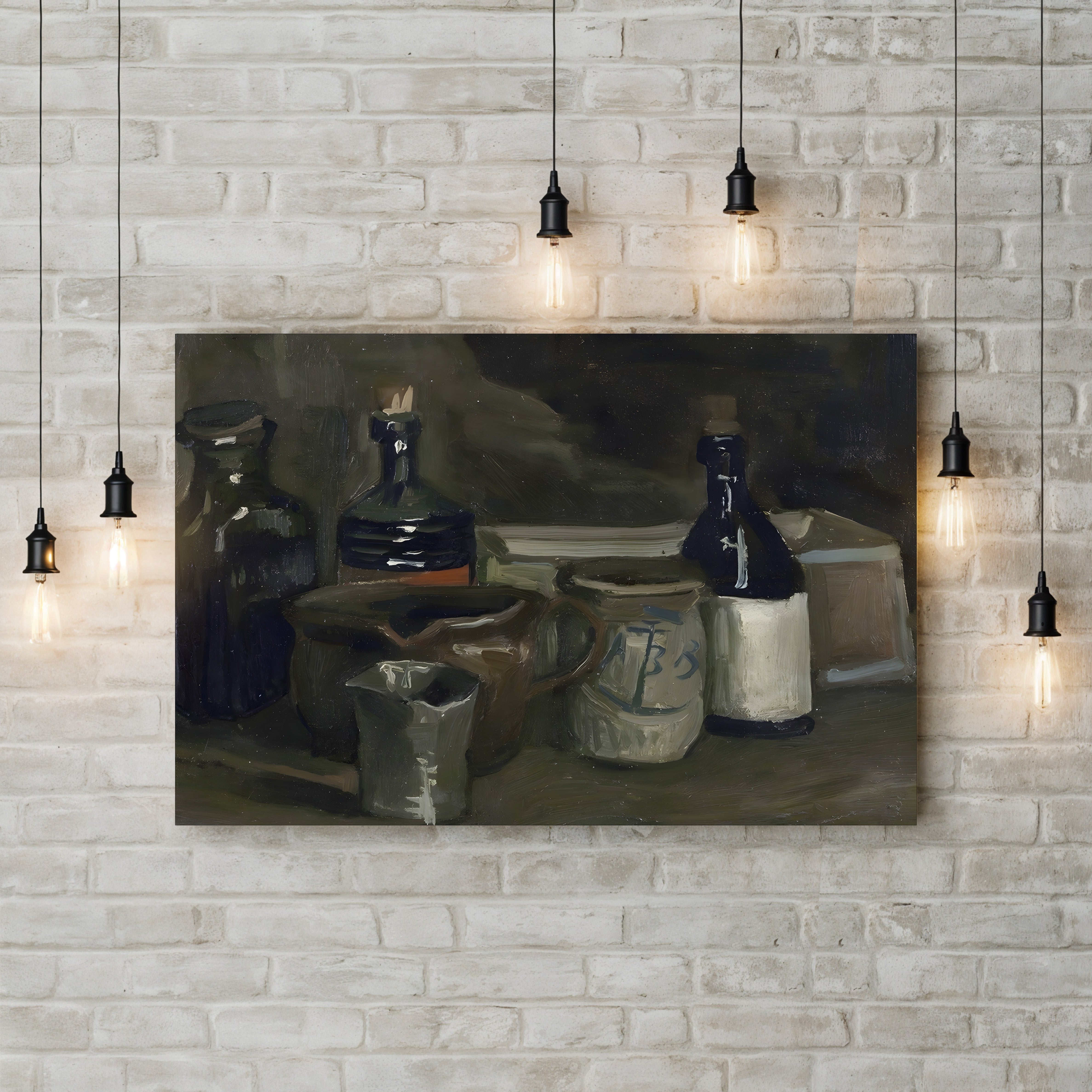 Still Life with Bottles and Pottery, 1884–1885 – Vincent van Gogh Wall Art | Early Dutch Still Life Canvas Print