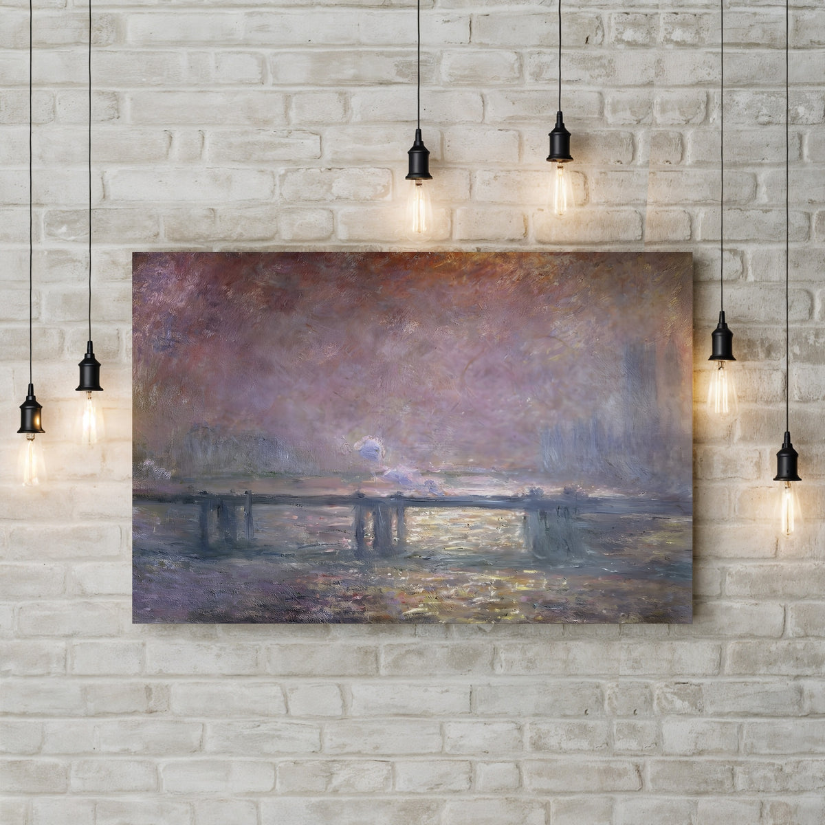 Charing Cross Bridge, Fog on the Thames (Charing Cross, Brouillard sur la Tamise), c. 1903 by Claude Monet canvas print displayed on a wall with accent lighting