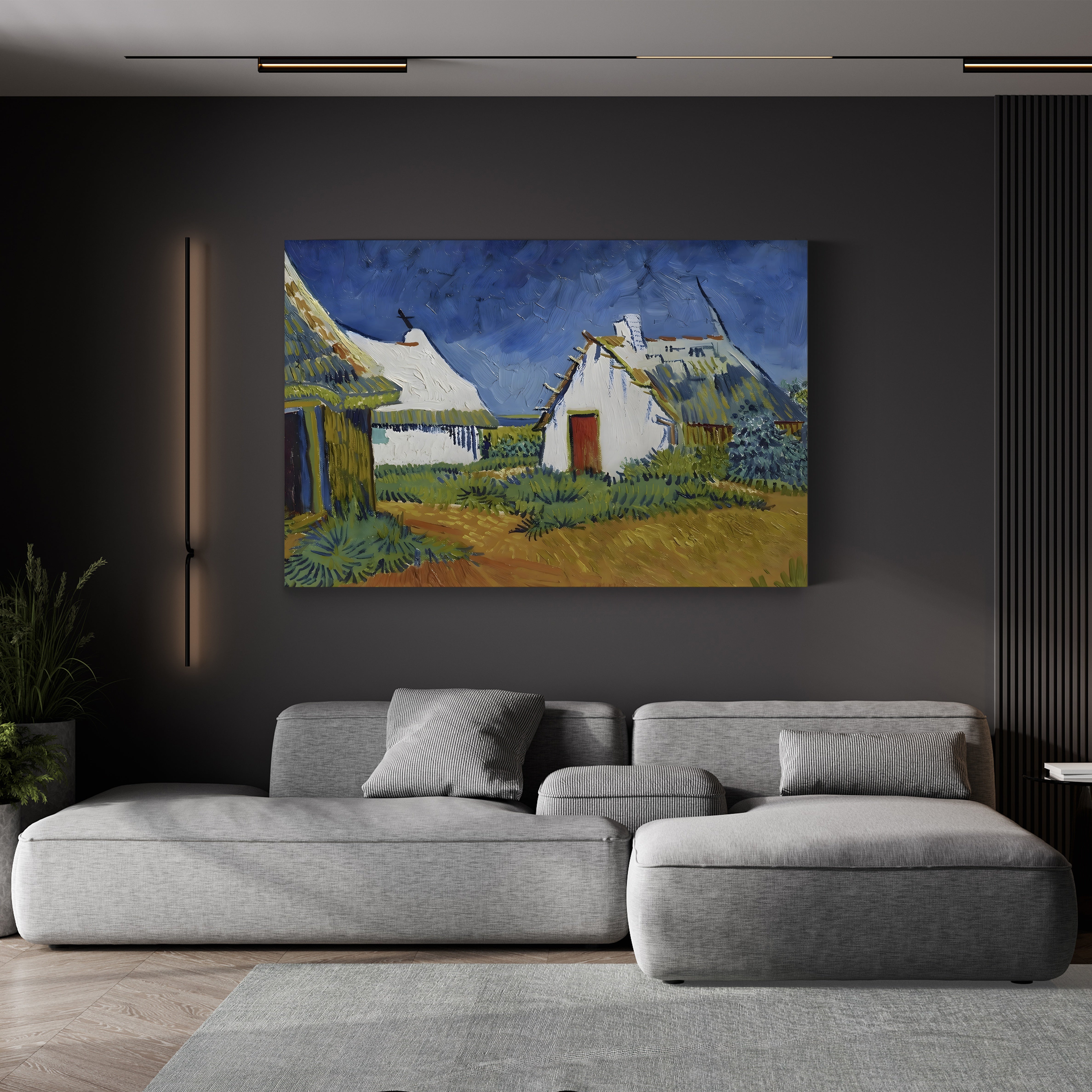 Three White Cottages in Saintes-Maries, 1888 – Vincent van Gogh Wall Art | Post-Impressionist Village Canvas Print