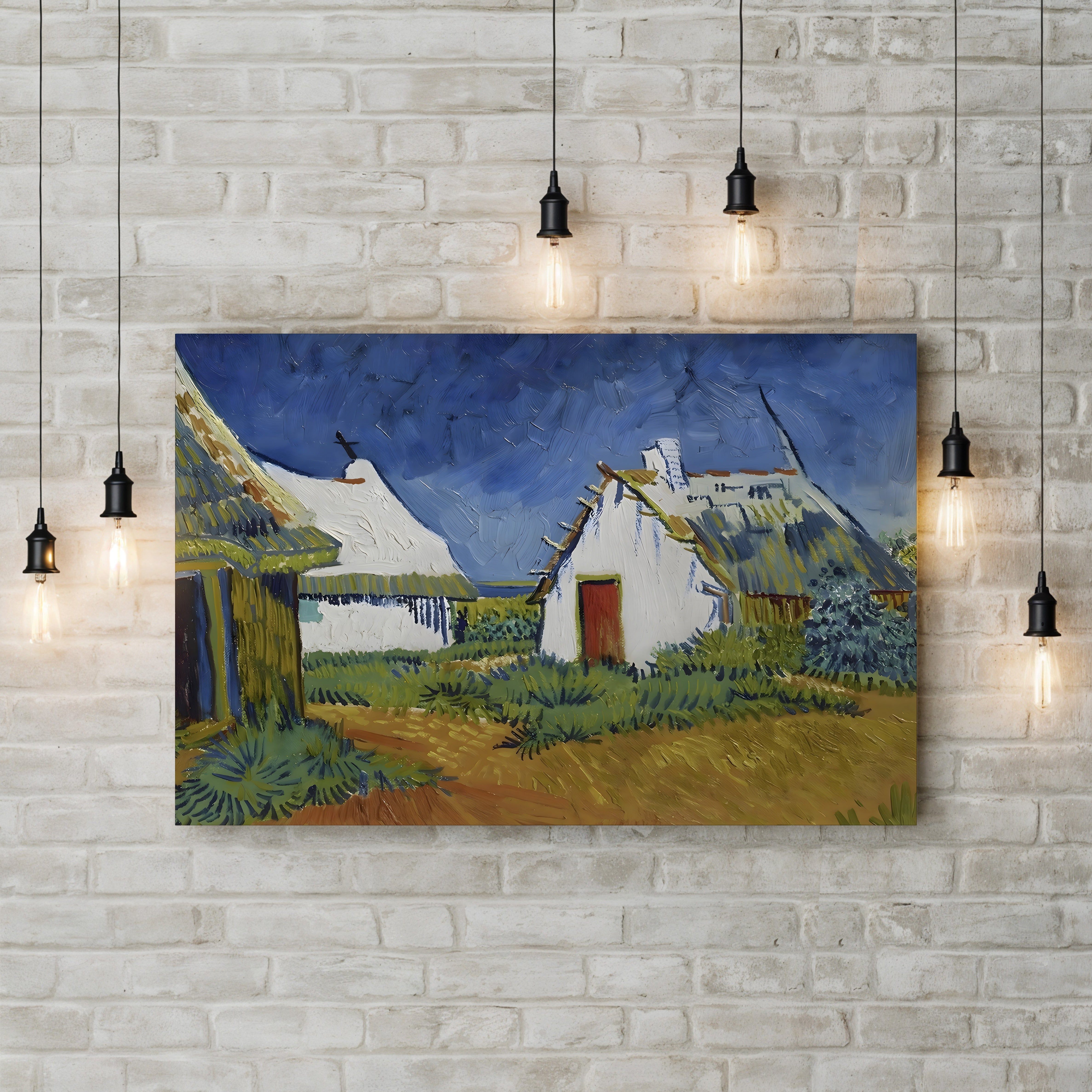 Three White Cottages in Saintes-Maries, 1888 – Vincent van Gogh Wall Art | Post-Impressionist Village Canvas Print