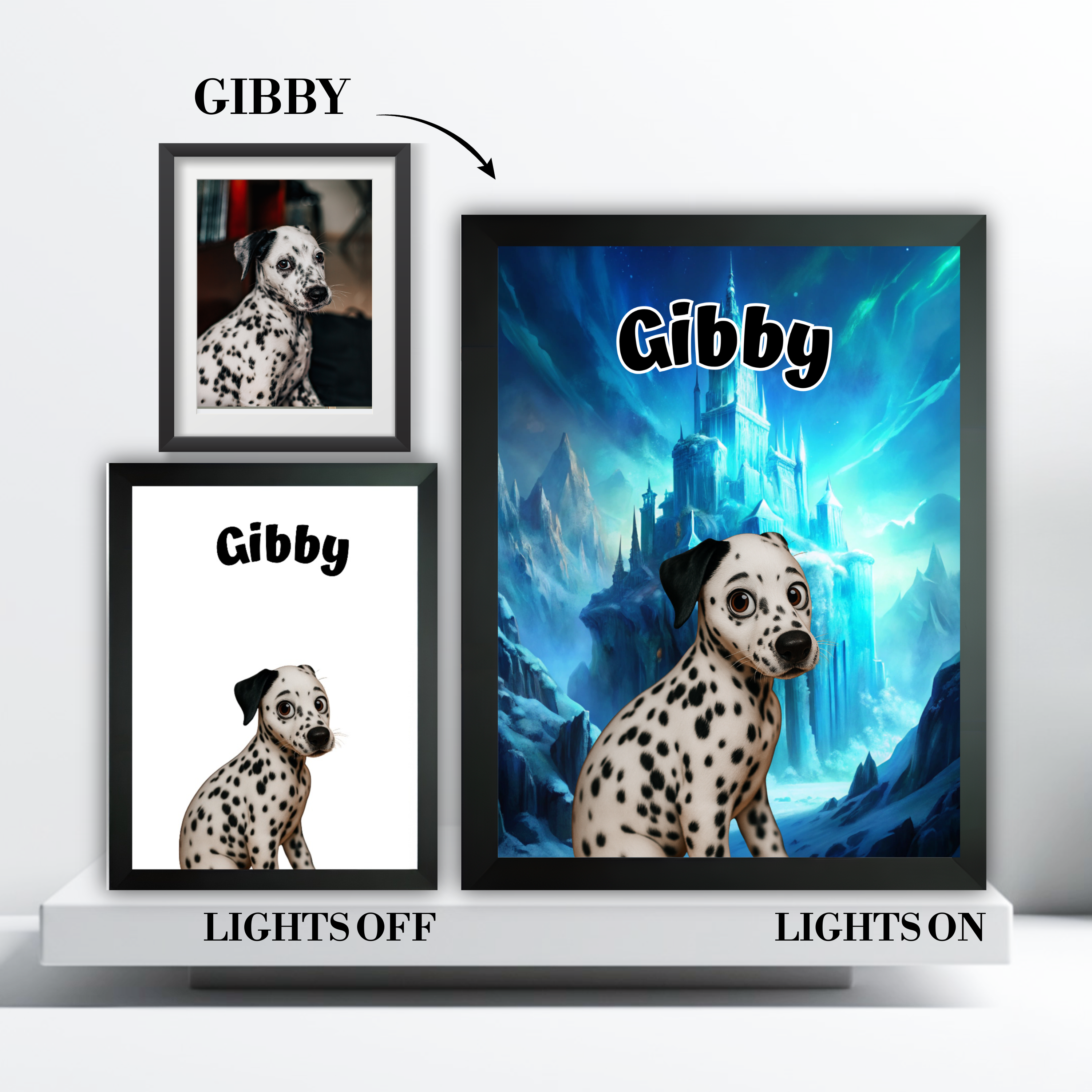 Example of a pet photo turned into a custom 3D cartoon portrait light box