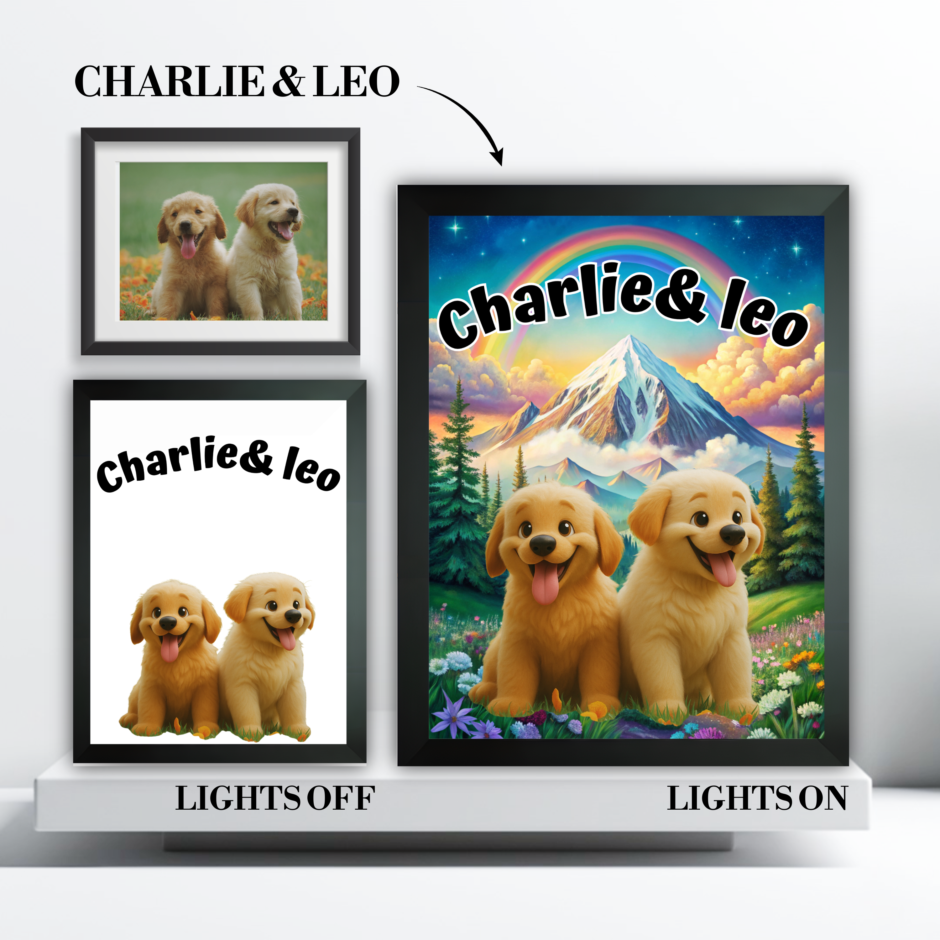 Cartoon pet portrait LED light box glowing in a dim room