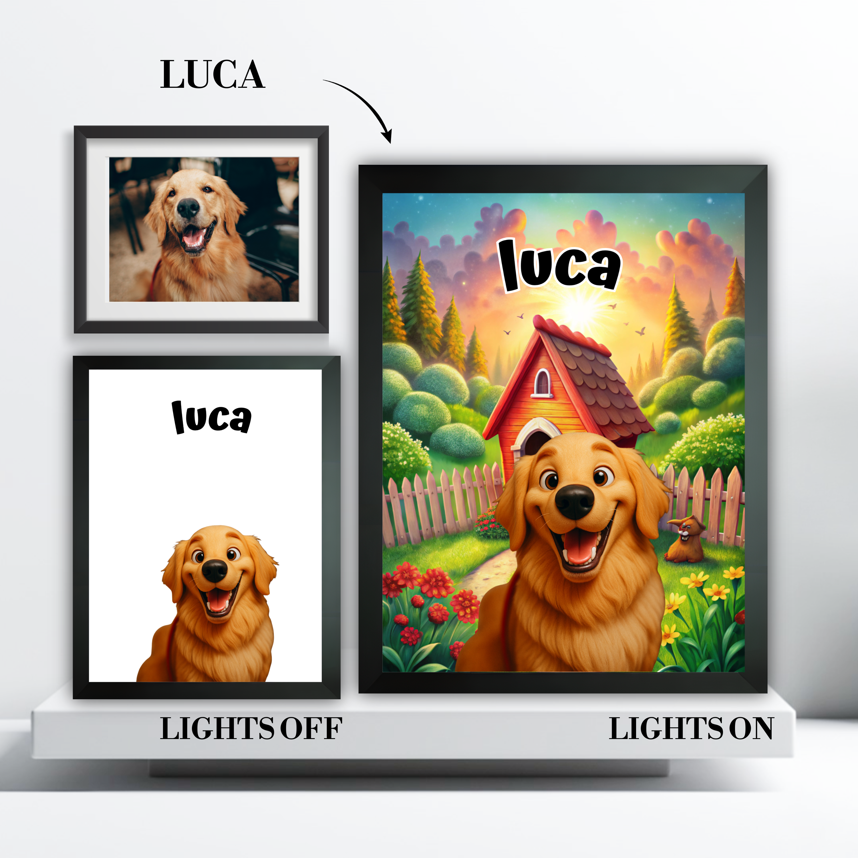 Black and birch frame options for the custom cartoon pet portrait light box