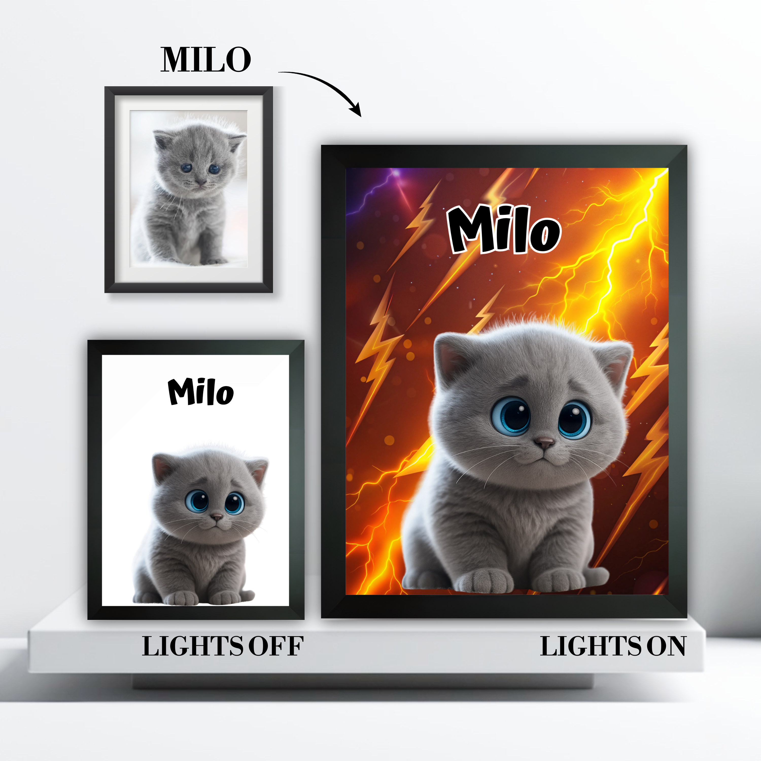 Custom cartoon pet portrait light box with an illustrated background scene