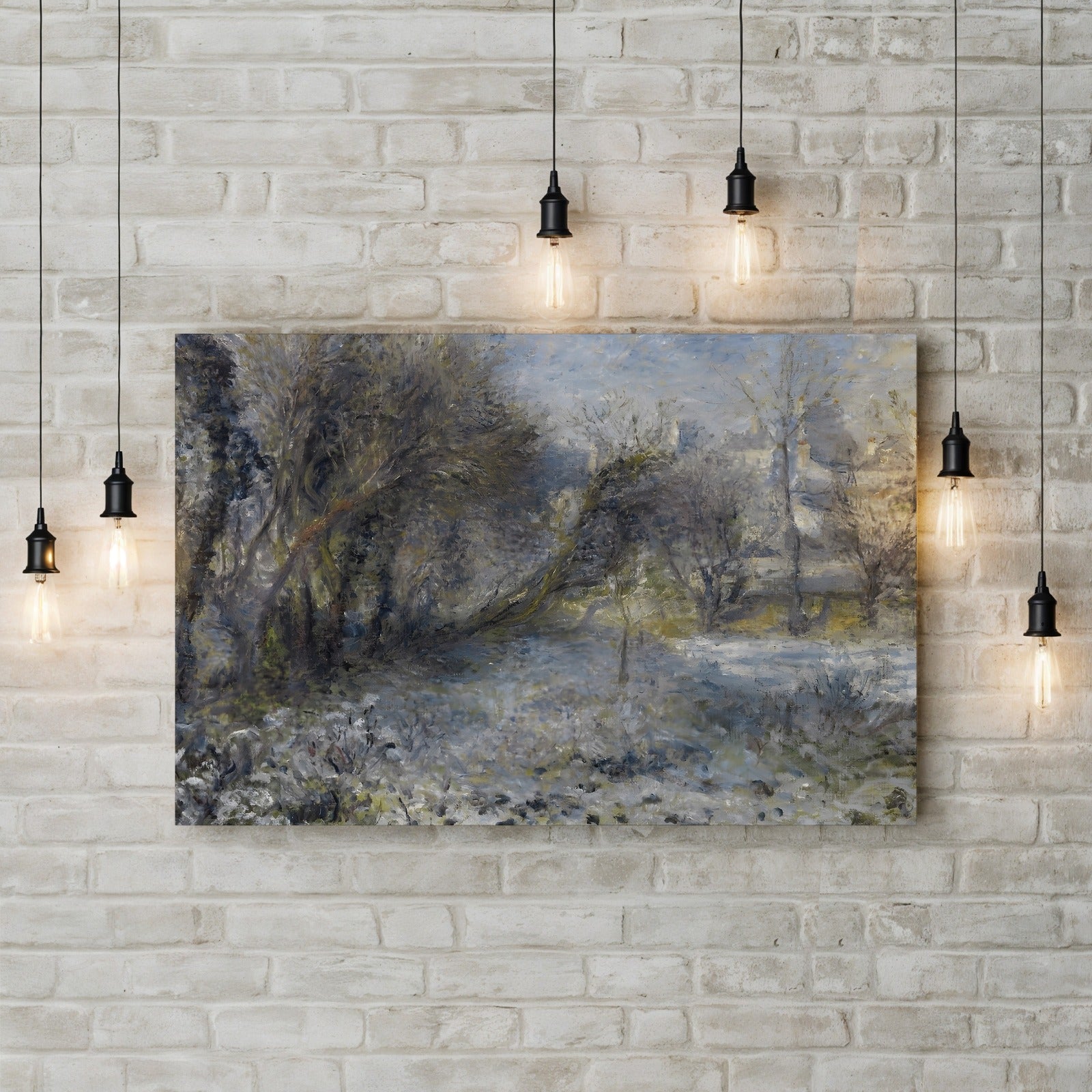Snow-Covered Landscape (Paysage de Neige) by Pierre-Auguste Renoir canvas print displayed on a brick accent wall with pendant lights