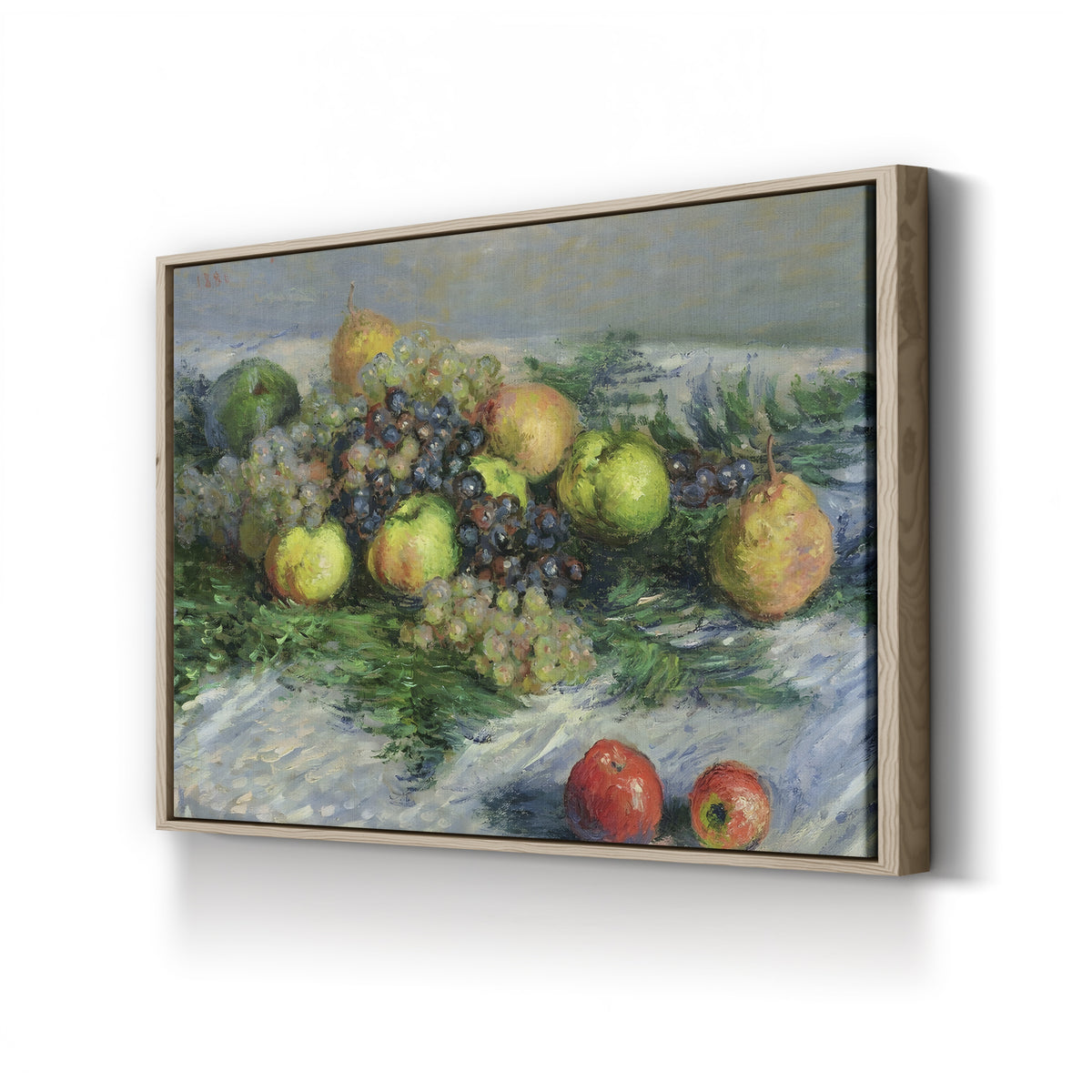 Still Life with Pears and Grapes (Nature morte, poires et raisin), c. 1880 by Claude Monet canvas print in oak frame