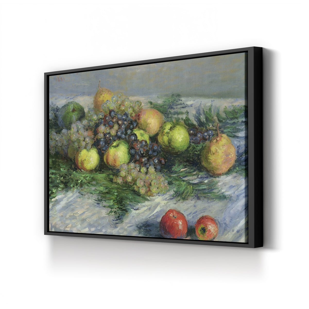 Still Life with Pears and Grapes (Nature morte, poires et raisin), c. 1880 by Claude Monet canvas print in black frame