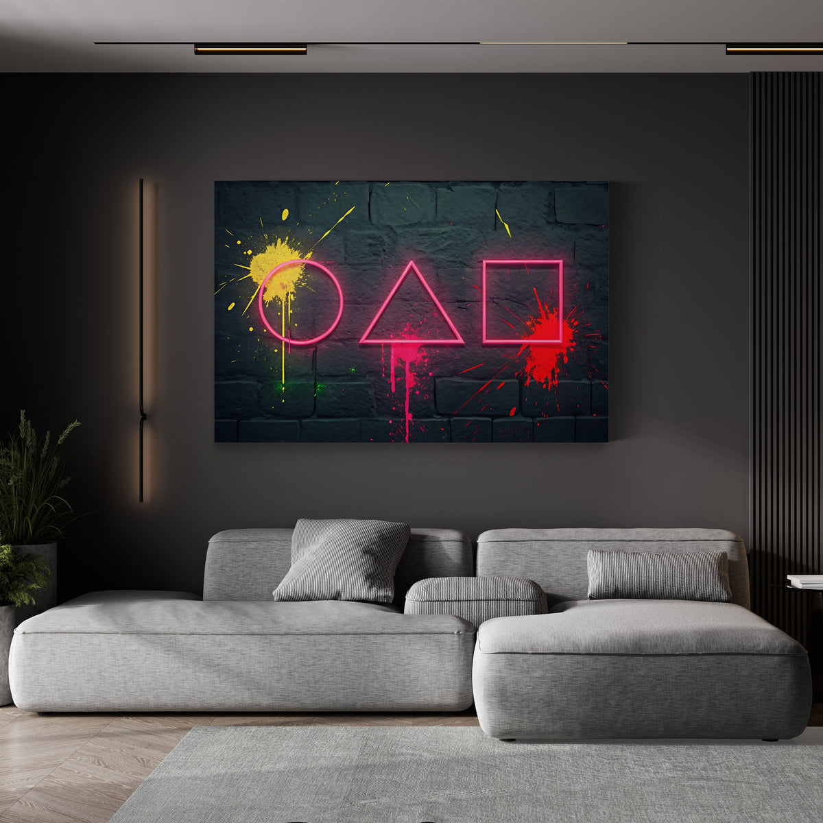 Pink Neon Geometric Shapes on a Graffiti Wall canvas print displayed in a living room with a gray sofa