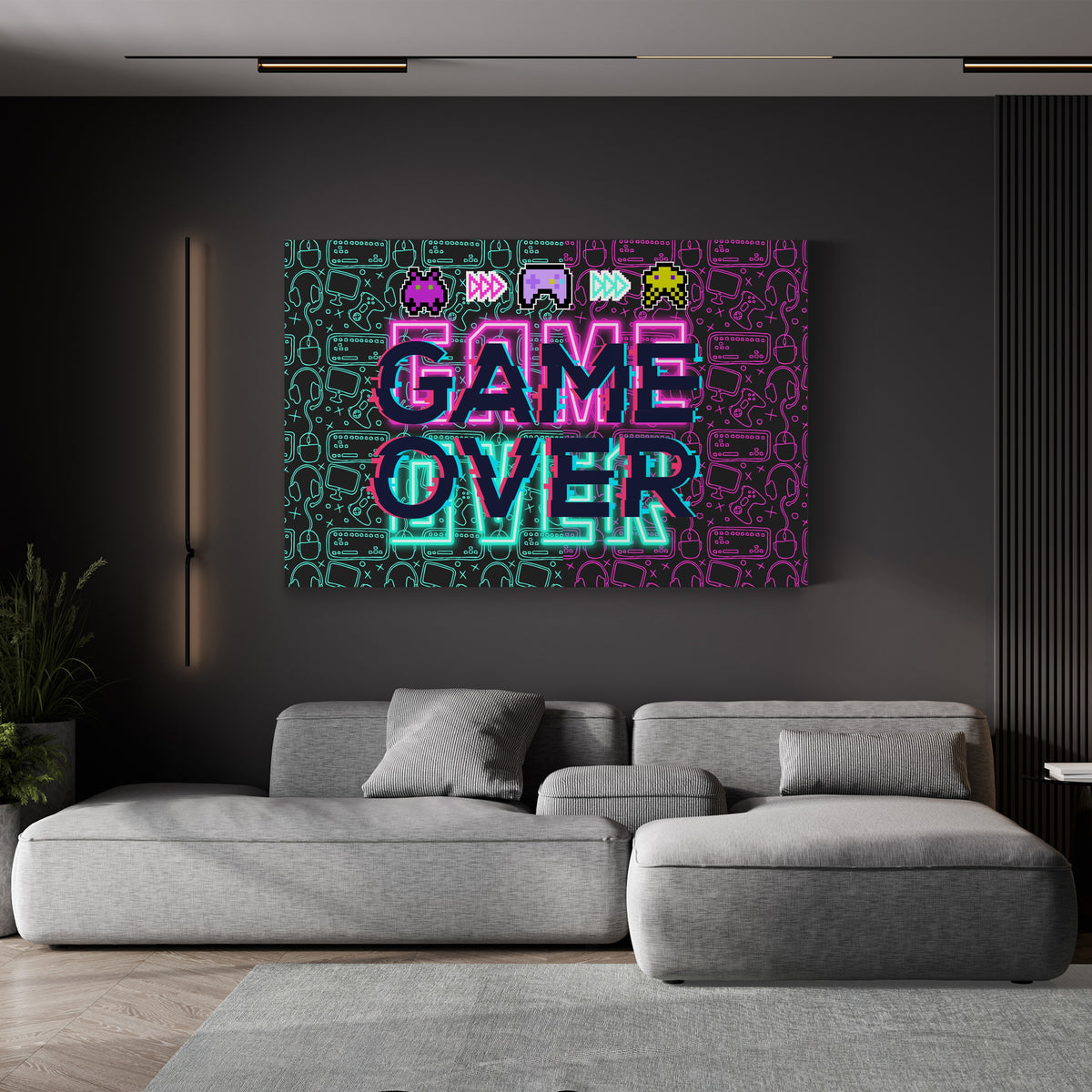 Retro Neon Game Over Arcade Typography canvas print displayed in a dark living room with a gray sectional sofa