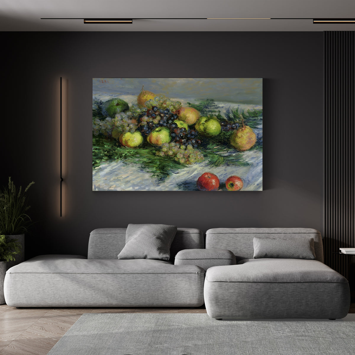Still Life with Pears and Grapes (Nature morte, poires et raisin), c. 1880 by Claude Monet canvas print displayed in a living room