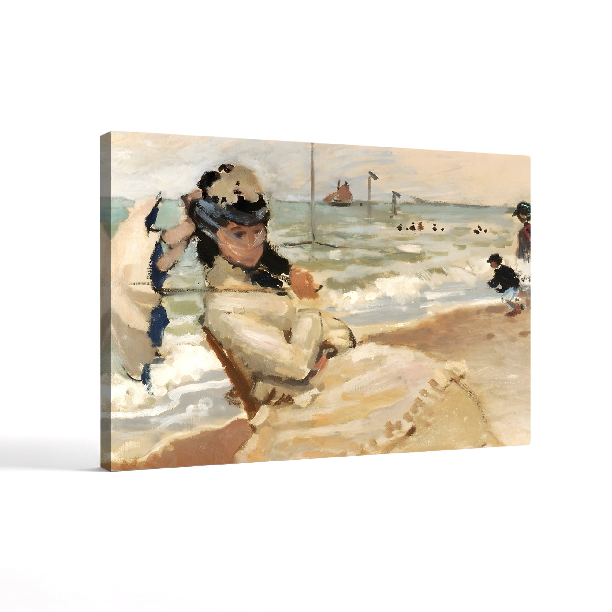 Camille on the Beach at Trouville – Claude Monet Wall Art | Early Impressionist Norman Beach Canvas Print